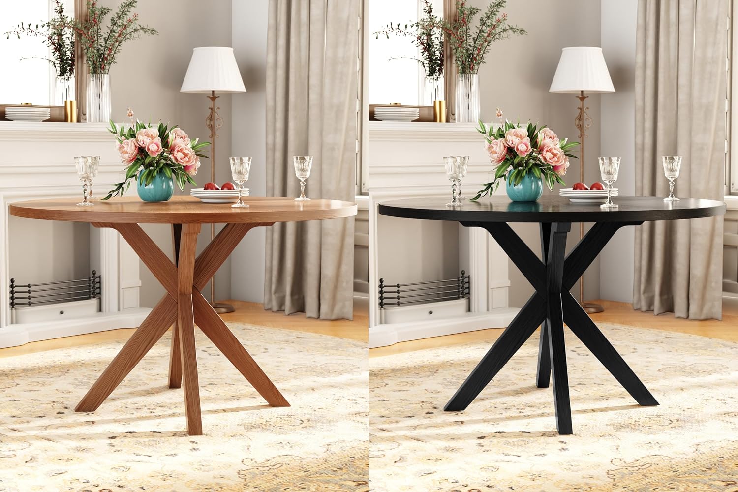 Solid Wood Round Dining Table for 4-6, Wooden Intersecting Pedestal Base, Rustic Round Dining Room Table for Home Dining Room, Kitchen, Living Room