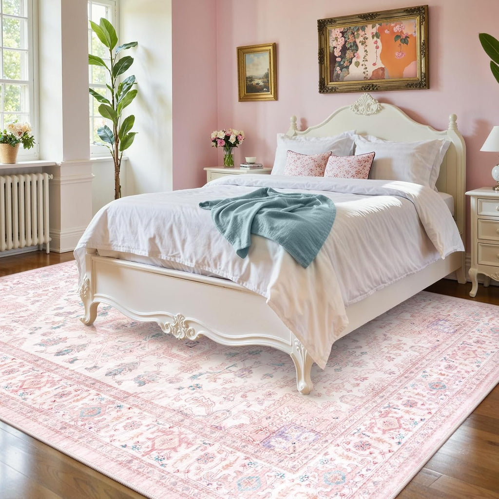 LIVEBOX Pink Washable Area Rug 8x10 - Large Vintage Tribal Living Room Rug Oriental for Bedroom, Non-Slip Retro Medallion Carpet Print Distressed for Dining Room Nursery Dorm Home Decor