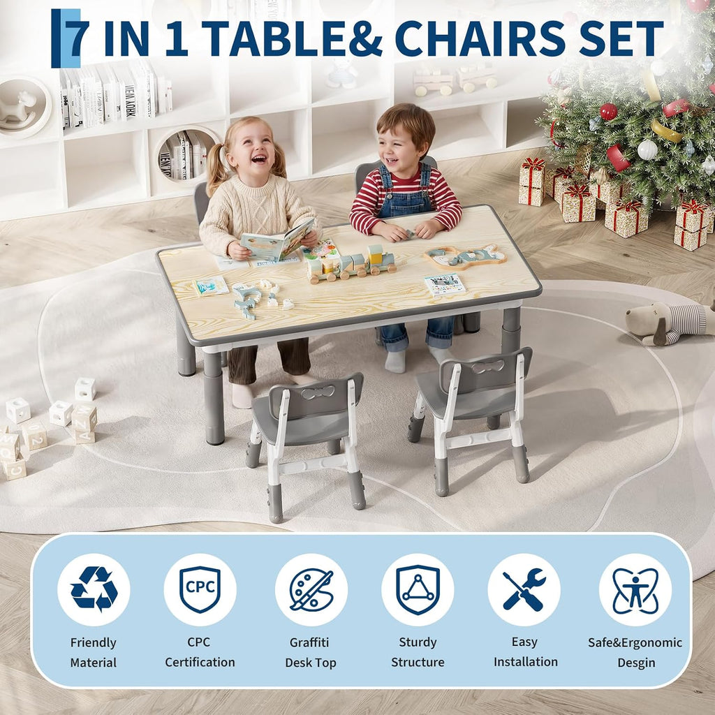 Garvee Kids Table and 6 Chair Set,47 in Modern Height Adjustable Toddler Table and 6 Chairs Set with Non-Slip Desk Legs& Organizer Graffiti Desktop,Preschool Activity Art Craft Tables for 6（Gray
