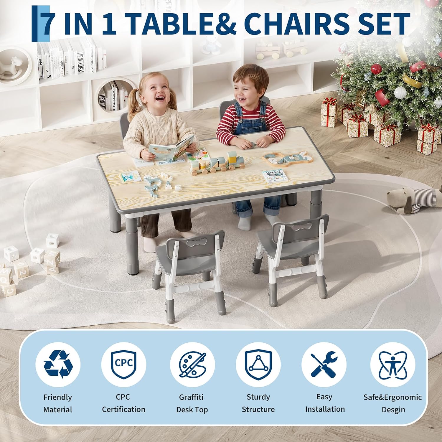 Garvee Kids Table and 6 Chair Set,47 in Modern Height Adjustable Toddler Table and 6 Chairs Set with Non-Slip Desk Legs& Organizer Graffiti Desktop,Preschool Activity Art Craft Tables for 6（Gray