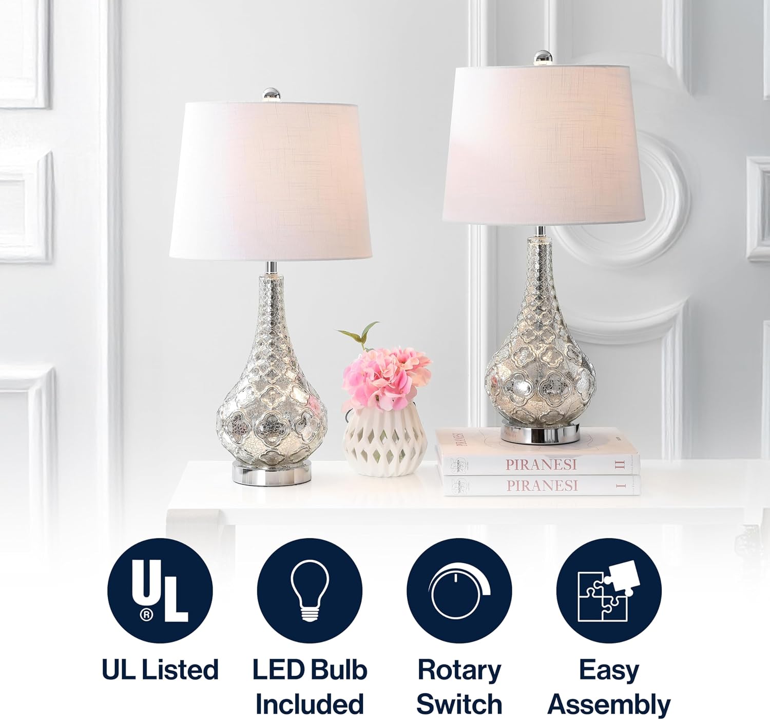 JONATHAN Y 25.5' Mercury Silver Glass Table Lamp Set of 2 for Bedroom, Contemporary Transitional Trellis Lamps for Living Room, White Linen Shade, LED Bulbs Included JYL1077A-SET2