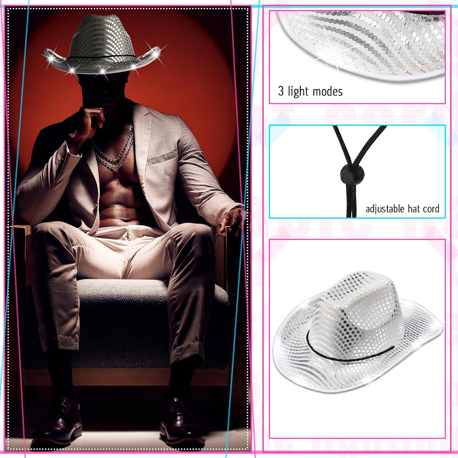 Tisancy 20 Pack Lights Cowboy Cowgirl Hat LED Flashing Light Up Hat for Western Bachelorette Party Wedding Bridal