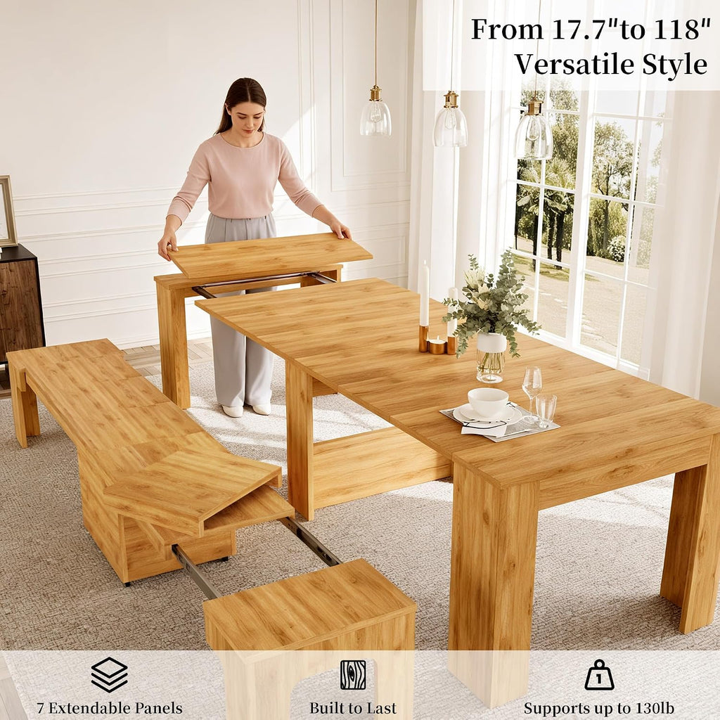 HIPIHOM 17.7'-118' Extendable Dining Table with 2 Benches, Extension Table Set with Extension Leaves Holder, Space-Saving Extra Long Dining Table Set for Meeting, Dining Room(Oak Table+2 Benches)