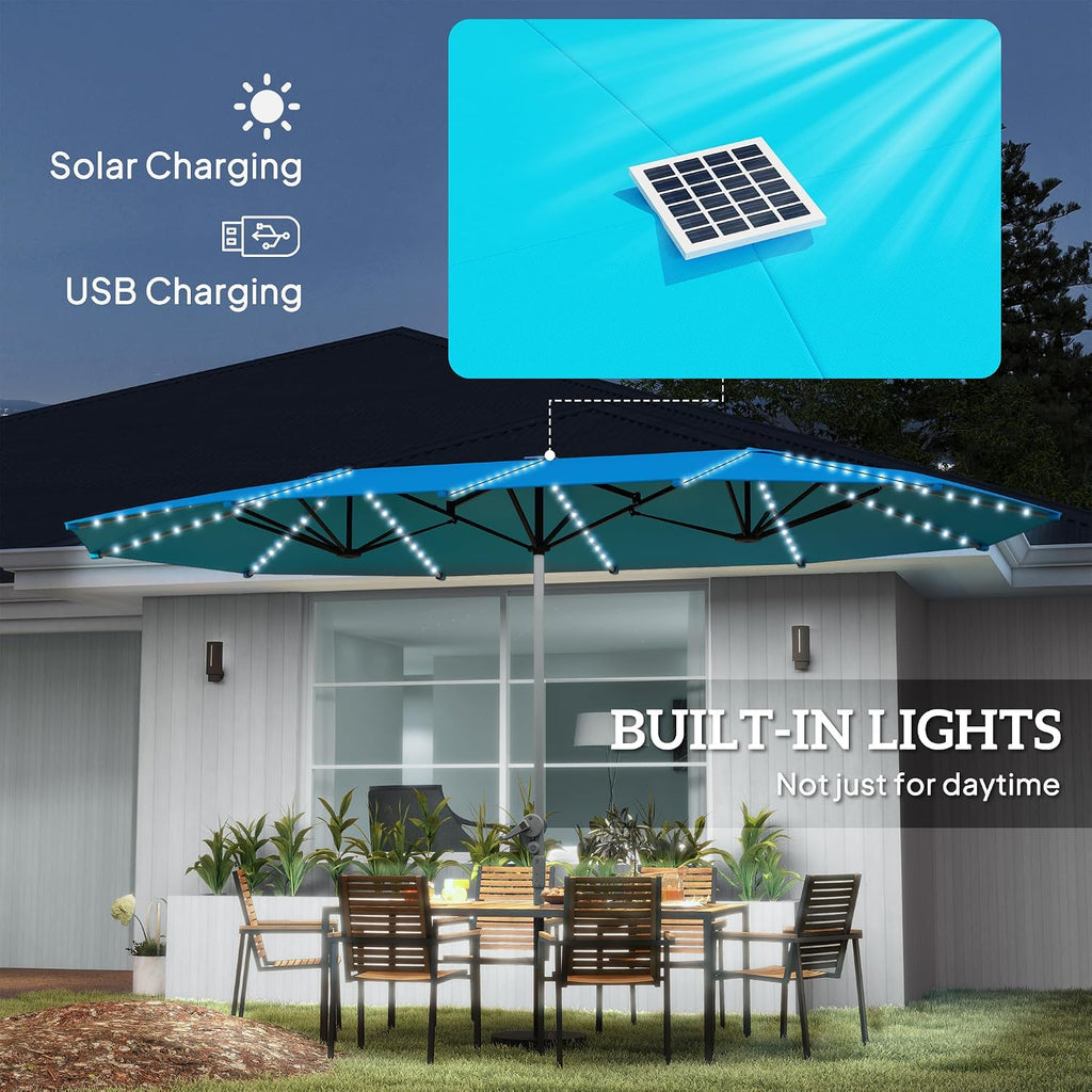 Outsunny 15ft Extra Large Patio Umbrella with Bright Solar Lights, Aluminum UPF50+ Double-Sided Outdoor Table Market Umbrella with Fiberglass Ribs Crank Air Vents for Backyard Deck Pool