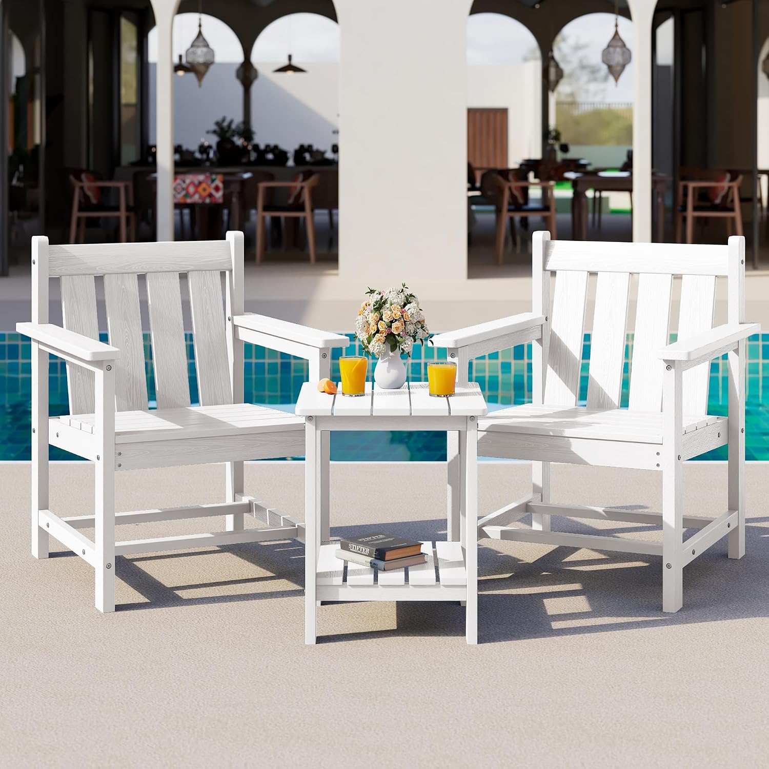 SEWRWALL 3 Pieces Patio Bistro Set, All Weather Adirondack Chair Set with Side Table, HDPE Material Outdoor Patio Furniture Set for Balcony, Porch, Garden, Backyard- White