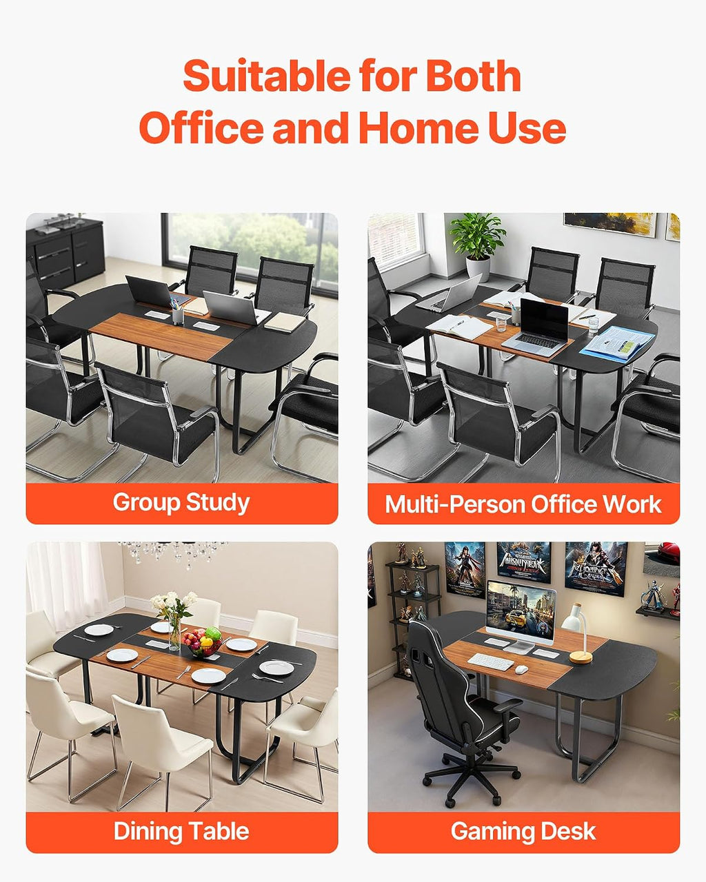 VEVOR Conference Table, 6 ft Oval Office Meeting Table for 6-8 Person, Modern Seminar Desk with Metal Legs, Large Meeting Desk for Office, Boardroom, Conference Room, Easy Assembly, Black & Brown