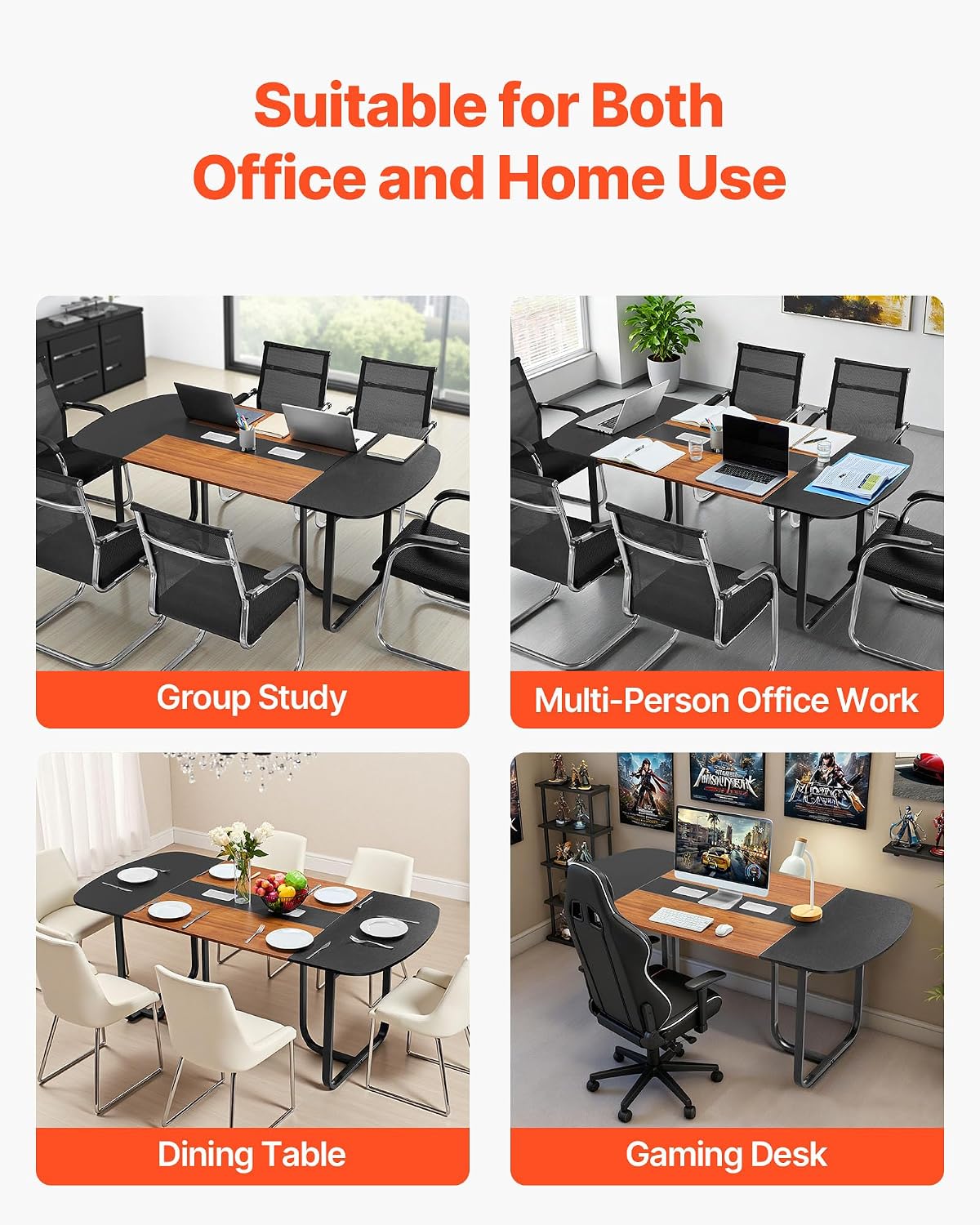 VEVOR Conference Table, 6 ft Oval Office Meeting Table for 6-8 Person, Modern Seminar Desk with Metal Legs, Large Meeting Desk for Office, Boardroom, Conference Room, Easy Assembly, Black & Brown