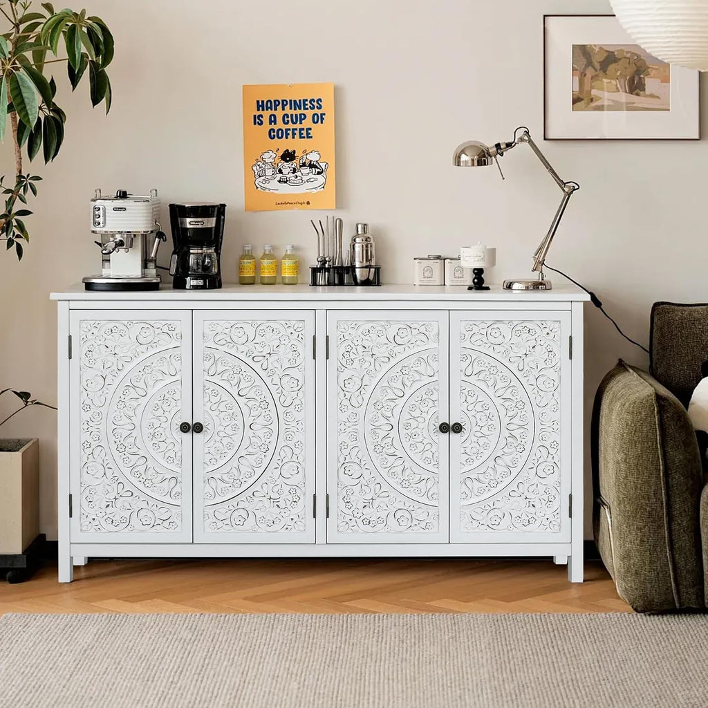 LKTART 60' Vintage Sideboard Buffet Cabinet with 4 Carved Doors, Accent Credenza Storage,Media Console Cabinet, for Entryway,Living&Dining Room, Antique White