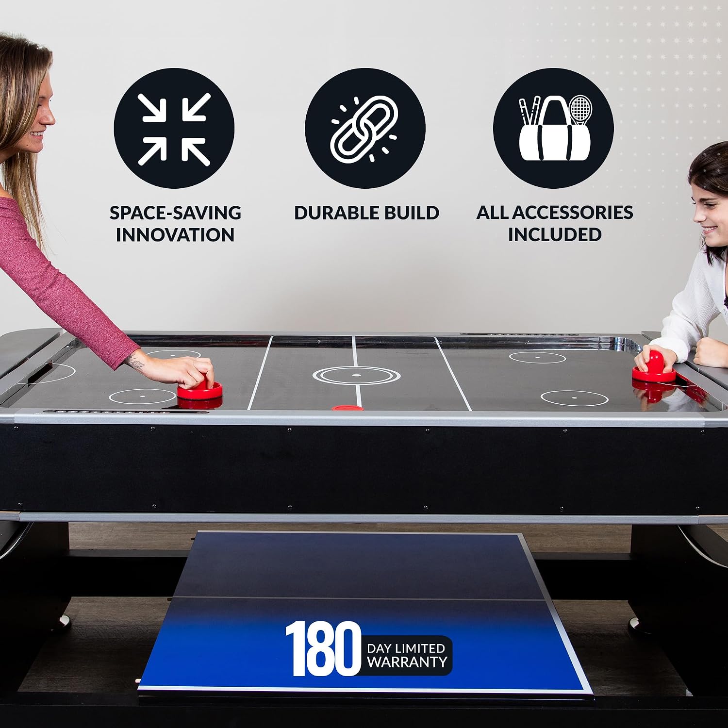 Hathaway Triple Threat Multi Game Table – Space-Saving Rotating Playfield for 6ft Pool Table, Air Hockey Table, & Table Tennis - 3 in 1 Game Table with Complete Accessories & Display Rack