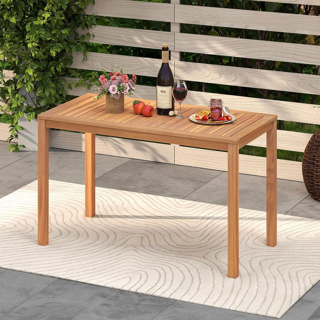 Tangkula Outdoor Acacia Wood Dining Table for 4-6, Rectangular Patio Table with Slatted Tabletop, Outside Dinner Table for Garden, Balcony, Deck and Backyard