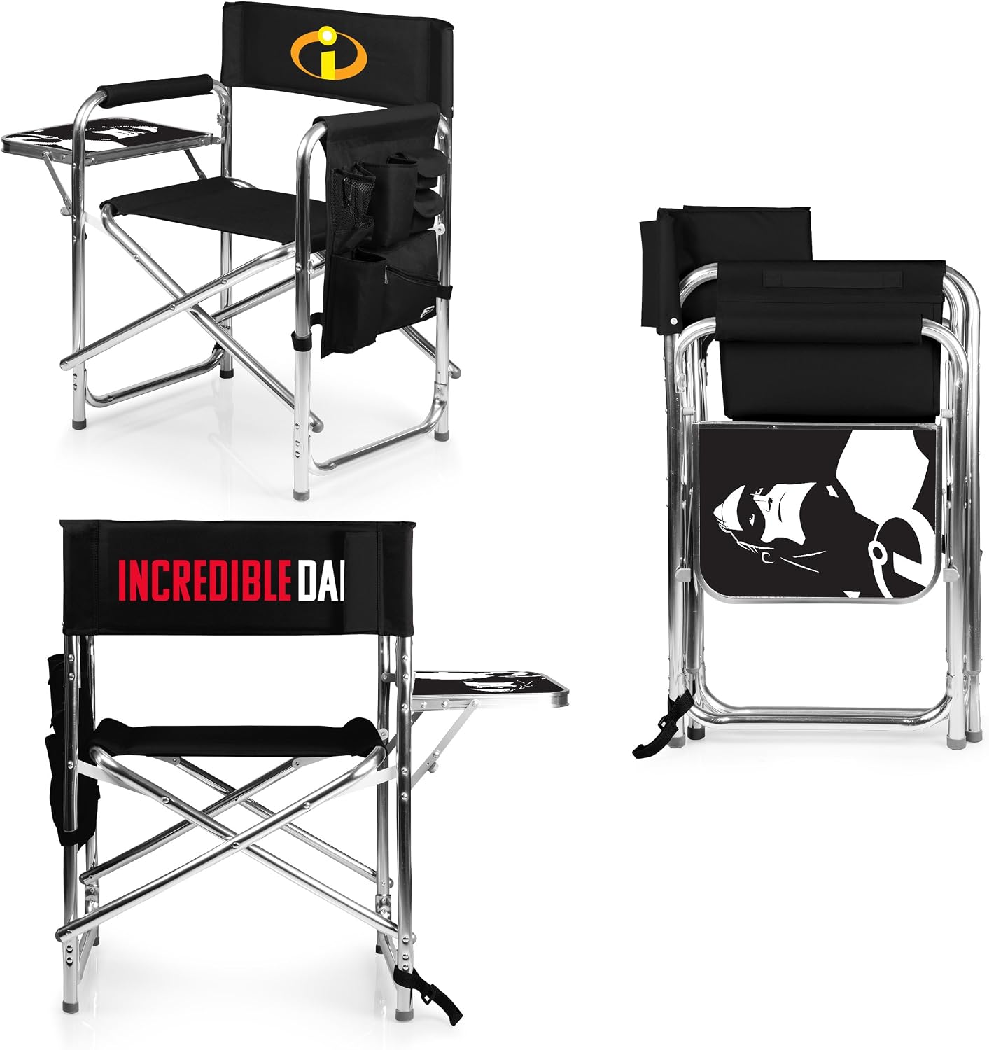 PICNIC TIME Disney The Incredibles Mr Incredible Sports Chair with Side Table, Folding Beach and Camp Chair, Portable Outdoor Chair with Carry Strap and Storage Pockets (Black)