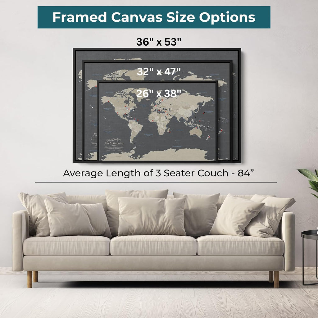 Earth Tone World Map with Pins – Personalized Canvas Push Pin Map – Framed World Travel Wall Decor – Silver Float Frame – 24' x 36'