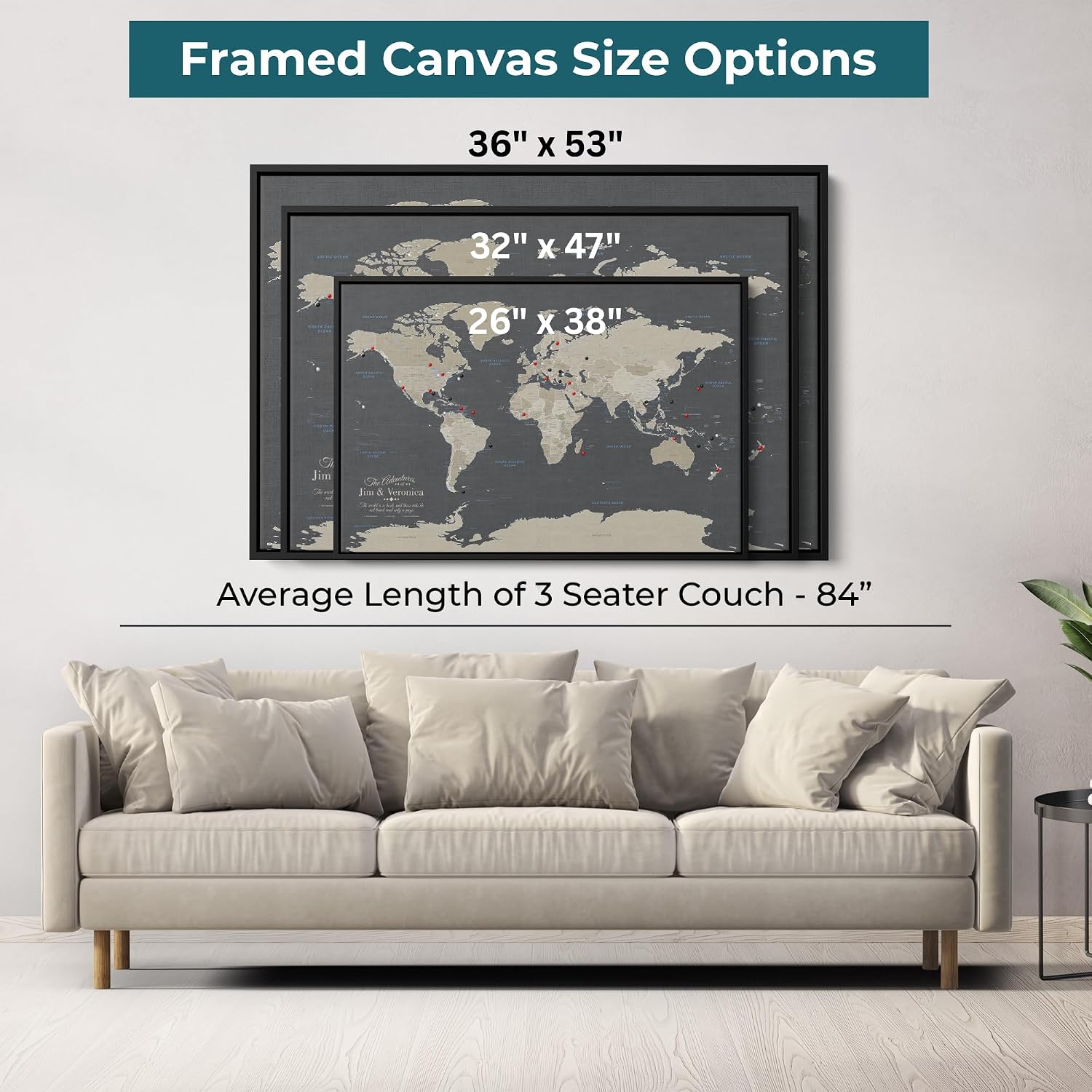 Earth Tone World Map with Pins – Personalized Canvas Push Pin Map – Framed World Travel Wall Decor – Brown Float Frame – 24' x 36'