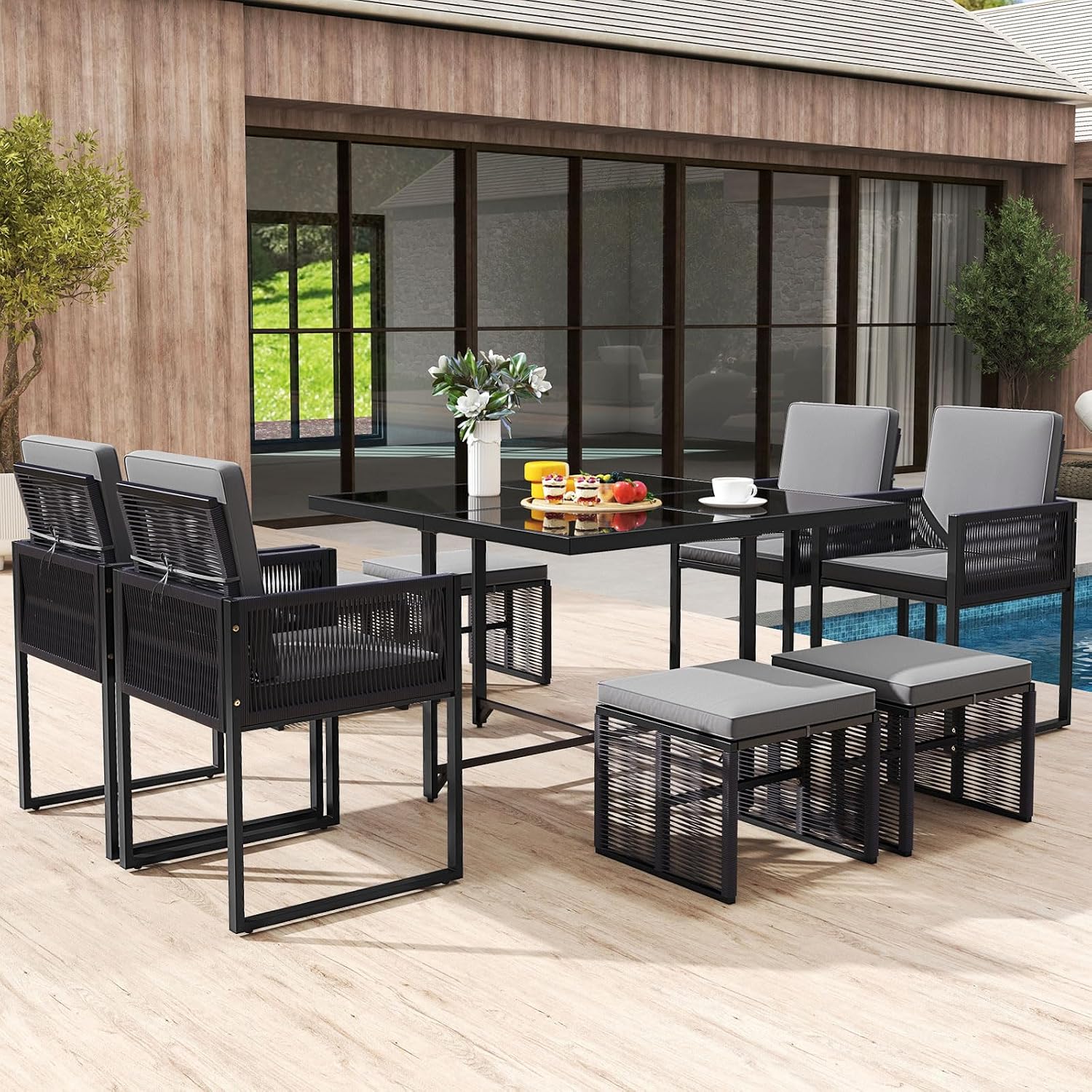 Tangkula 9 Pieces Patio Dining Set, Outdoor Space-Saving Furniture Set with PE Rattan Chairs, Tempered Glass Table and Ottomans, Outdoor Sectional Conversation Set with Cushions for Yard