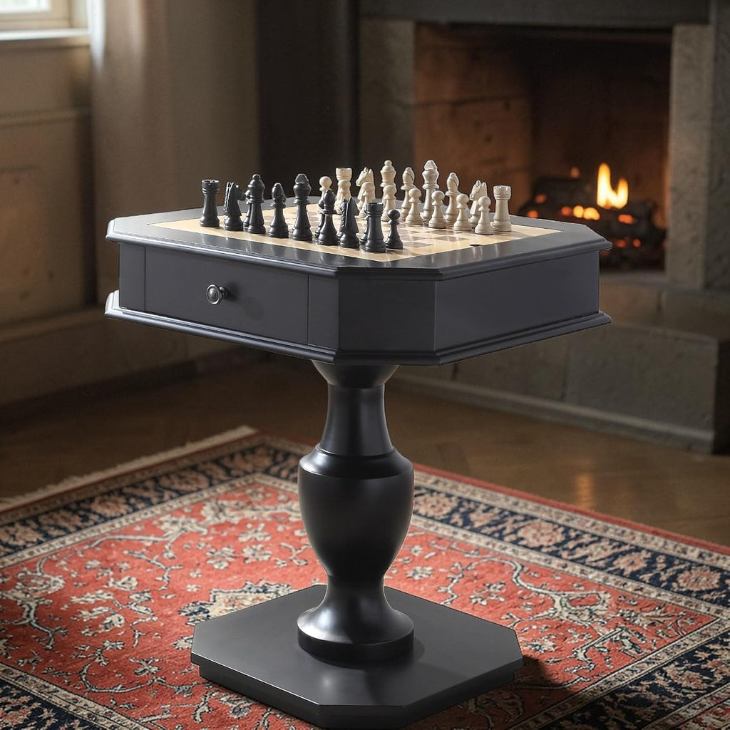 Chess Table, Reversible Chess Checker Game Table with 2 Drawers for Family Entertainment Room, 3-in-1 Square Game Tray for Chess Checker Backgammon, Black