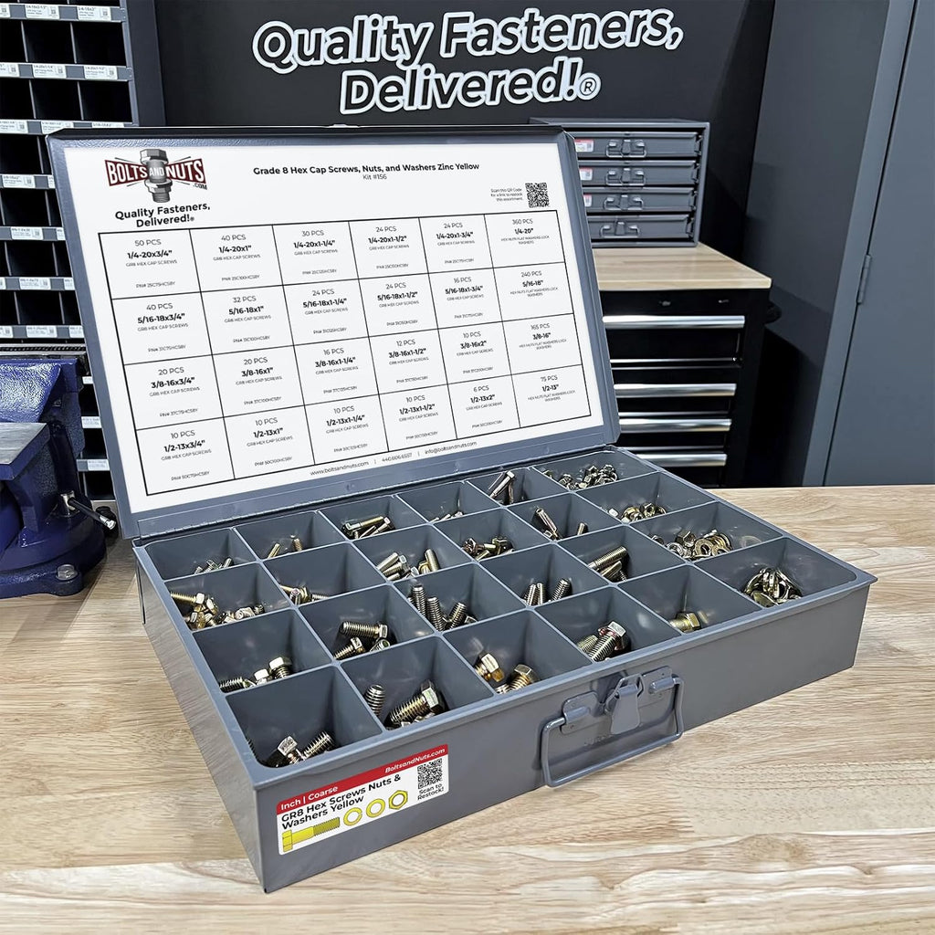 Grade 8 Hex Cap Screws Nuts Washers Coarse Thread Zinc Yellow Assortment - 1269 Pieces