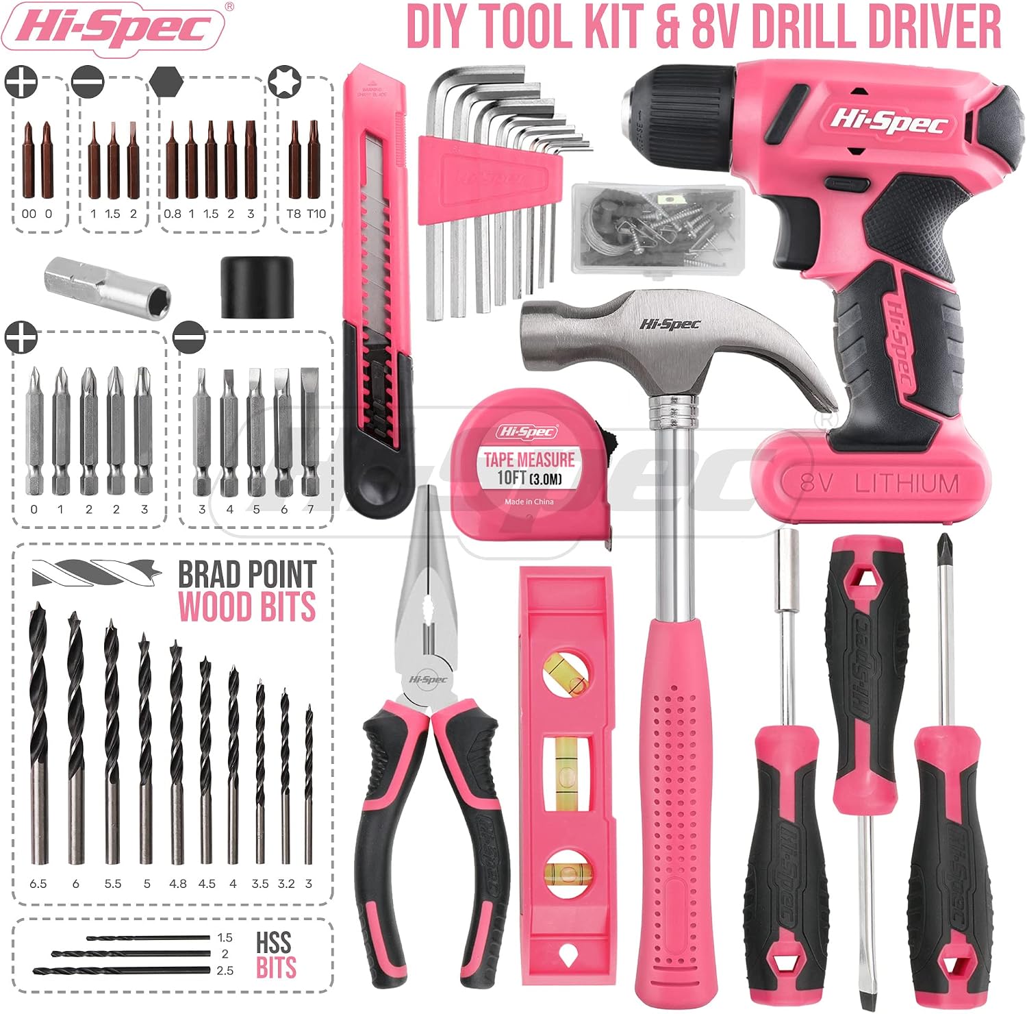 Hi-Spec 58pc Pink 8V USB Electric Power Cordless Drill Driver & Tool Kit Set and 58pc Red 8V USB Electric Power Cordless Drill Driver & Tool Kit Set