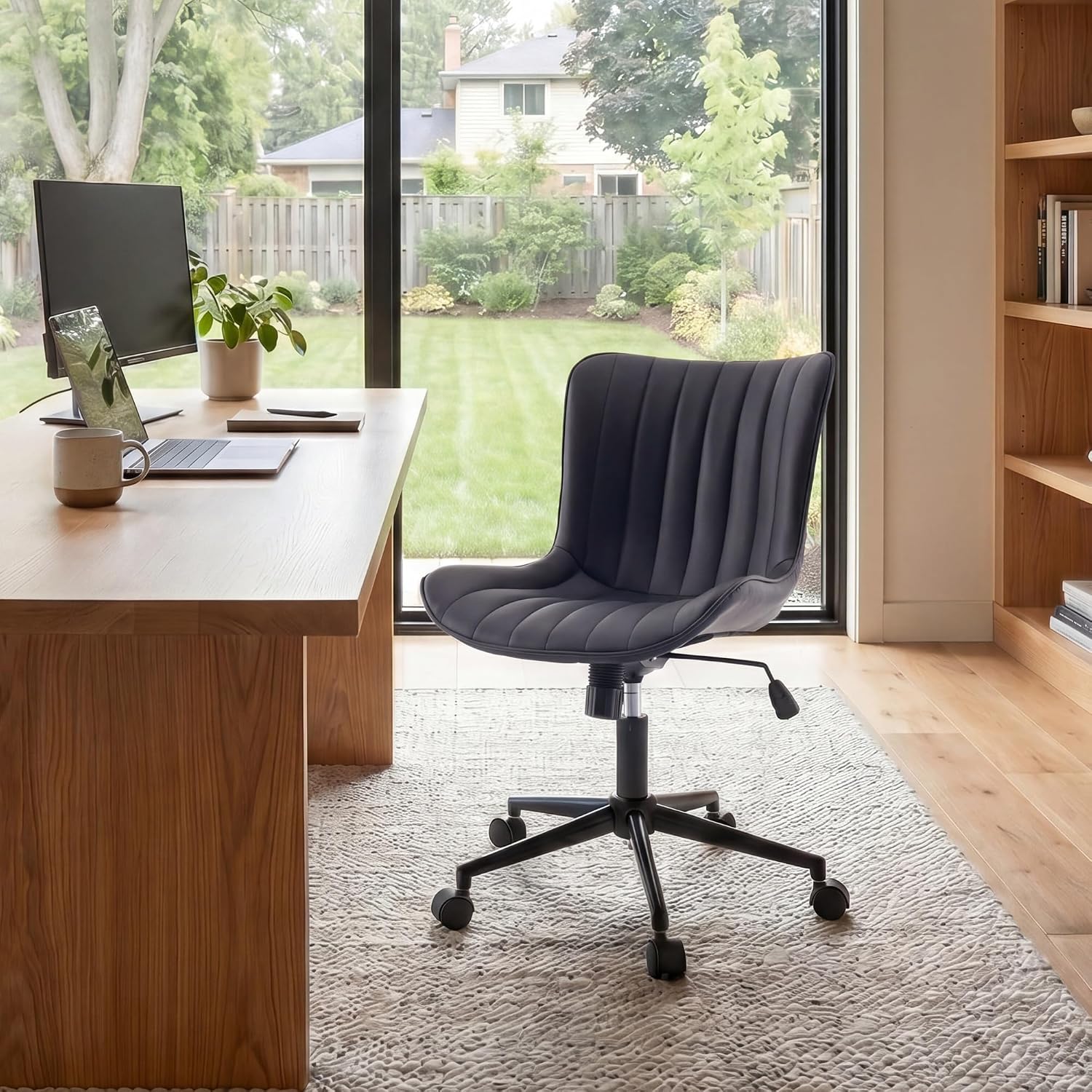 YOUNIKE Black Home Office Desk Chair with Wheels Comfy Armless Cute Vanity Chair with Adjustable Rocking Back Modern Leather Upholstered Rolling Swivel Small Task Drafting Sewing Chair Compact