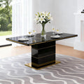 70 inch Black Dining Table for 4-6 People, Modern Kitchen Table with High Gloss Finish, Gold Stainless Steel Trims & Sturdy Pedestal Base, Luxury Dining Room Table for Dinner Party Family Gatherings