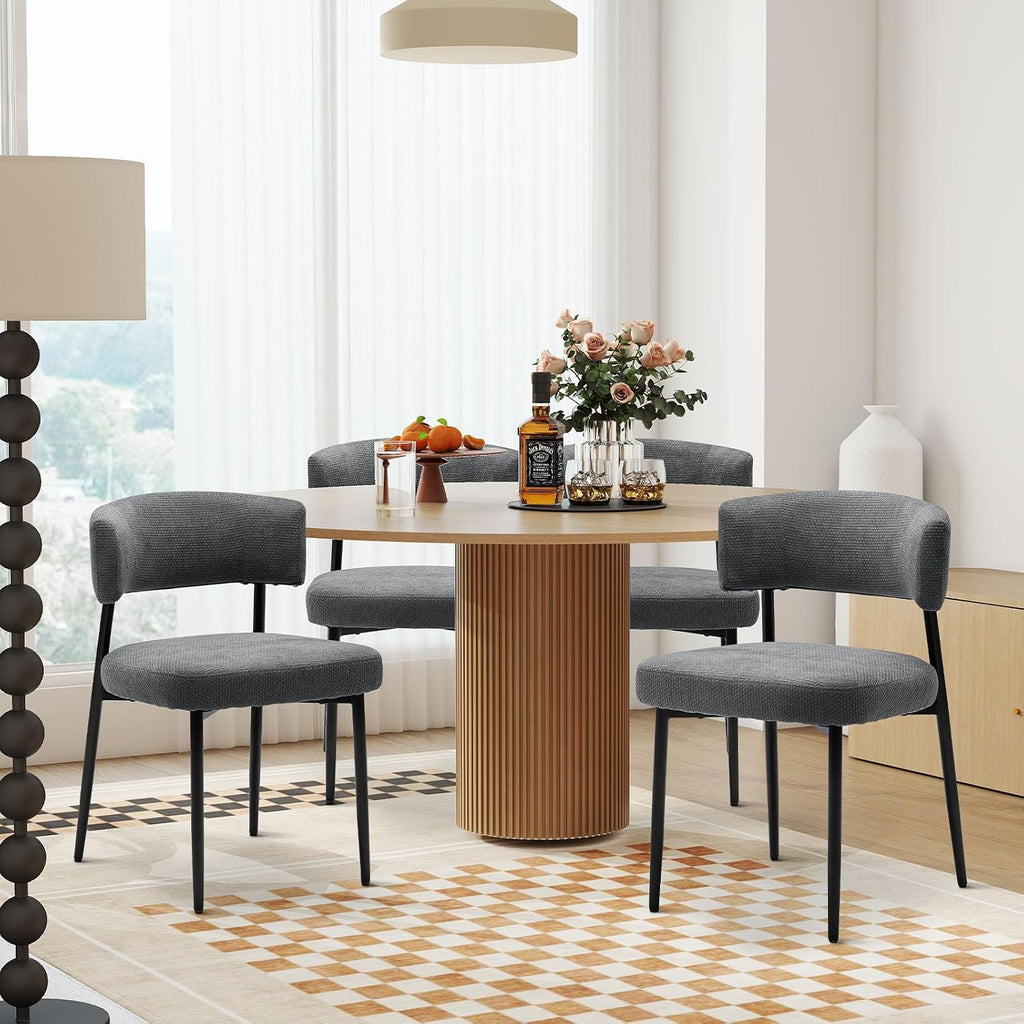 DUMOS Dining Chairs Set of 4, Mid Century Modern Chair Round Upholstered Curved Backrest, Kitchen Vanity Living Room Chairs with Black Metal Legs, Grey