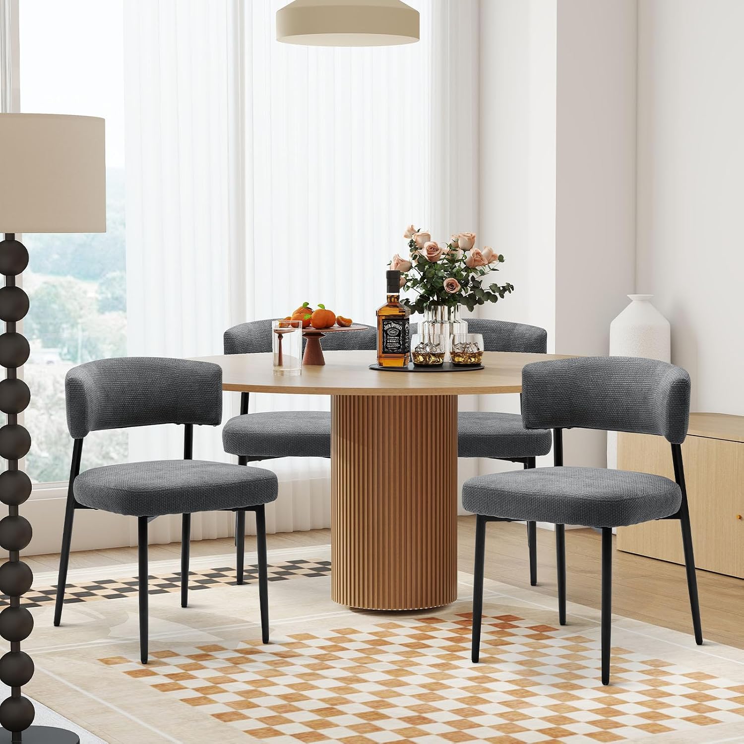 DUMOS Dining Chairs Set of 4, Mid Century Modern Chair Round Upholstered Curved Backrest, Kitchen Vanity Living Room Chairs with Black Metal Legs, Grey