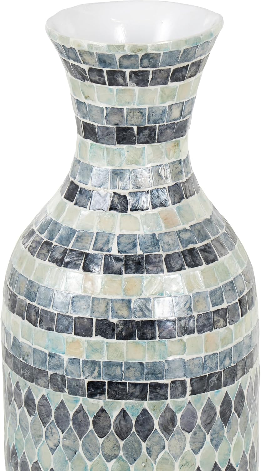 Deco 79 Mother of Pearl Shell Handmade Decorative Vase Mosaic Centerpiece Vase with White Interior, Flower Vase for Home Decoration 8' x 8' x 26', Blue
