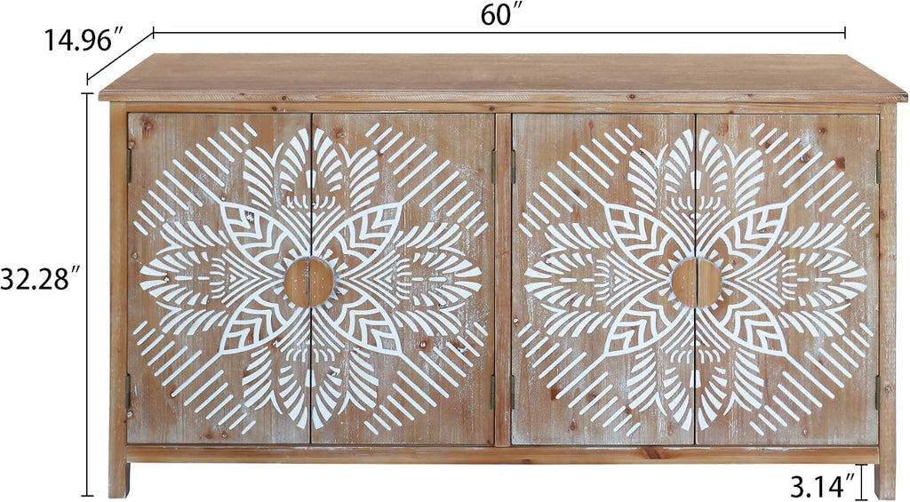 LKTART 60' Sideboard Buffet Cabinet,Vintage Accent Credenza Storage with Carved Doors,Media Console Cabinet for Entryway, Living&Dining Room Organization