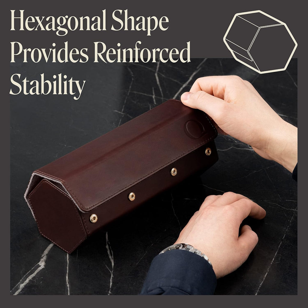 QWATCHBANDS Napa Leather Watch Rolls for Men - Hexagon Triple Watch Roll Travel Case for 3 Watches - Storage Organizer Genuine Leather with Velvet Interior Display (Brown/Gray)