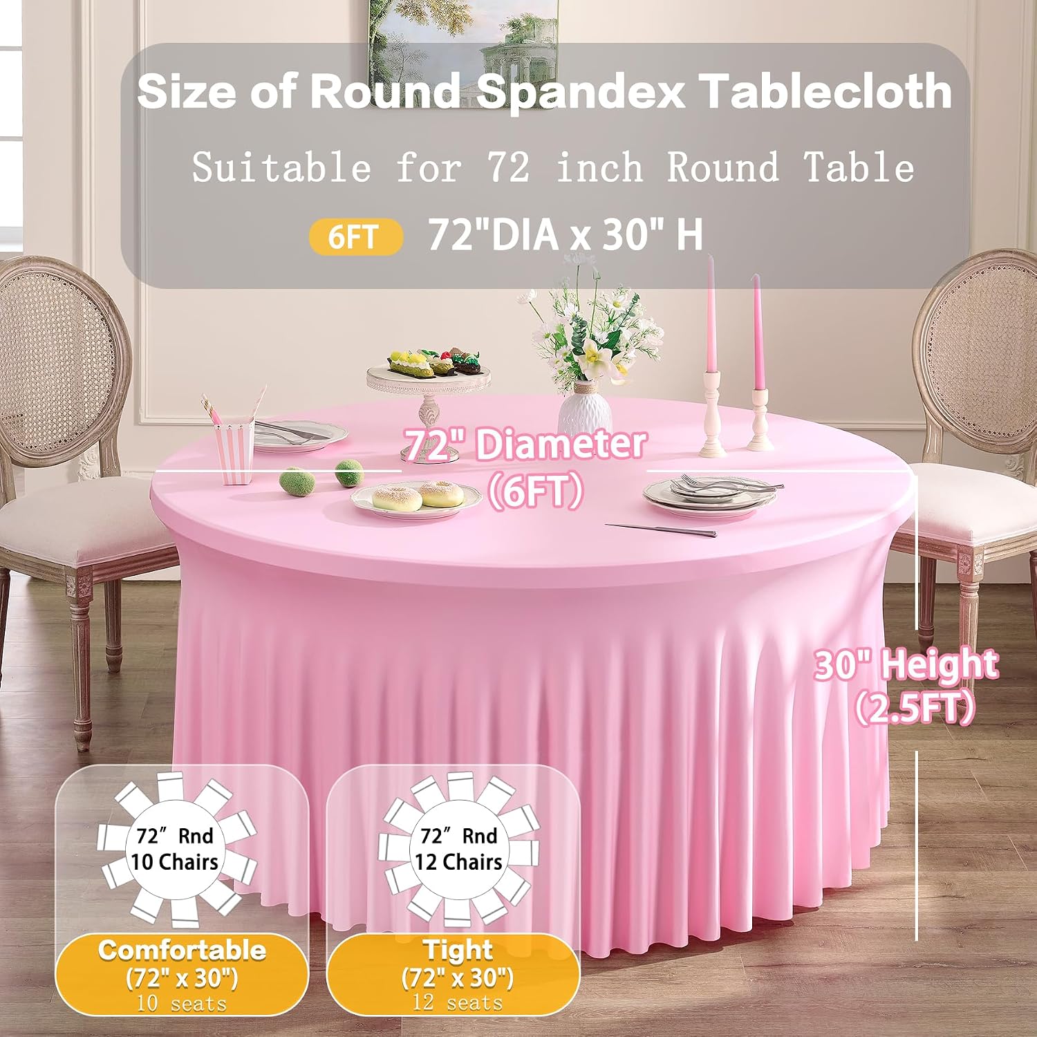 8 Pack Baby Pink Spandex Round Tablecloths for 72 inch Table, Wrinkle Free 132inch Stretchy Fitted 6FT Round Table Cloths Cover with Skirt for Wedding Party Dining Banquet Events