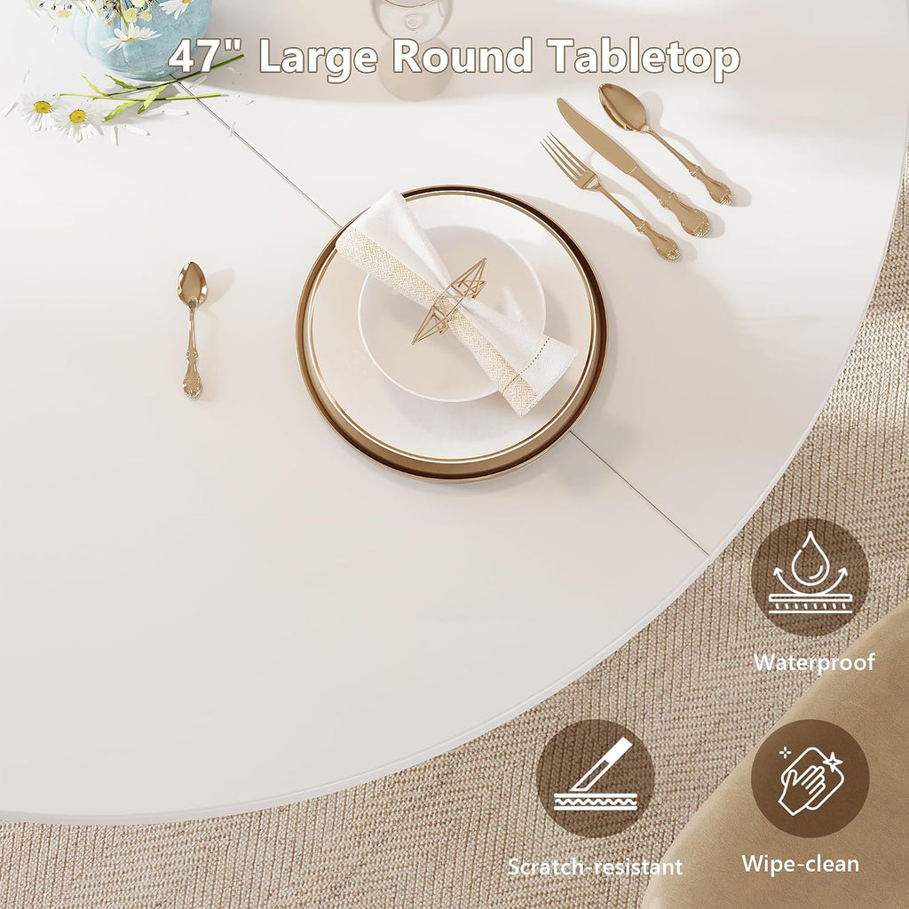 Einhomn Round Dining Table for 4-6, Kitchen Table with Sturdy Double Arc & Rounded Base & Backboard Clasp Desktop, Mid-Century Modern Circle Dinner Table for Dining Living Room, Space Saving, White