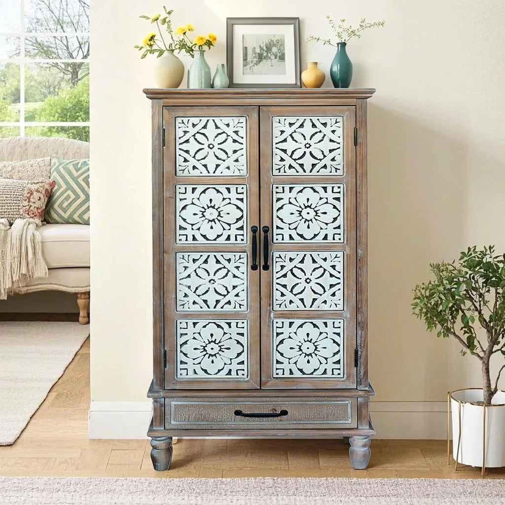 LKTART 55' Tall Vintage Sideboards Carved Wood Buffet Cabinet,Farmhouse Pantry Decorative Cabinet with Carved Doors and Drawers for Home Decor and Finishing Fir Wood