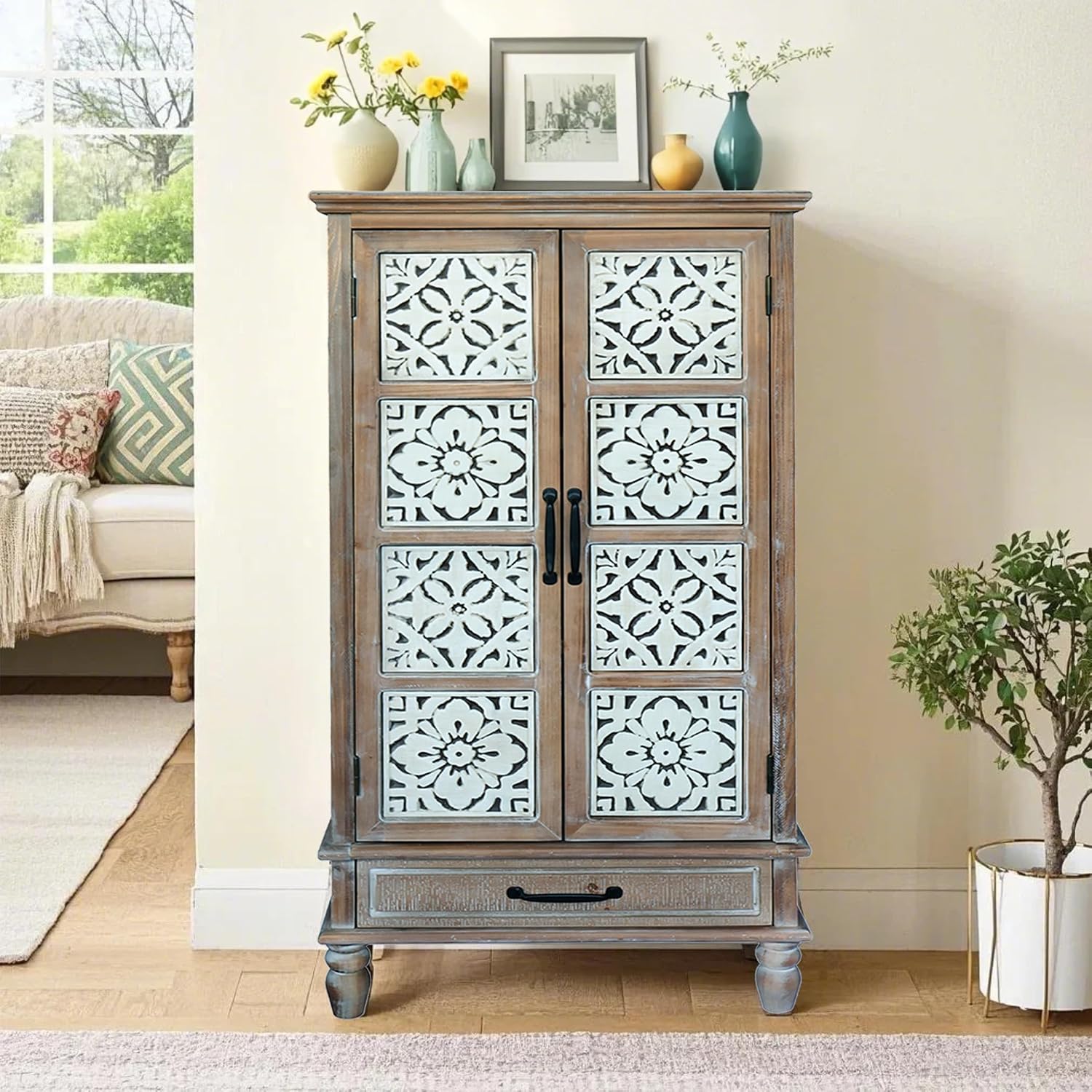 LKTART 55' Tall Vintage Sideboards Carved Wood Buffet Cabinet,Farmhouse Pantry Decorative Cabinet with Carved Doors and Drawers for Home Decor and Finishing Fir Wood