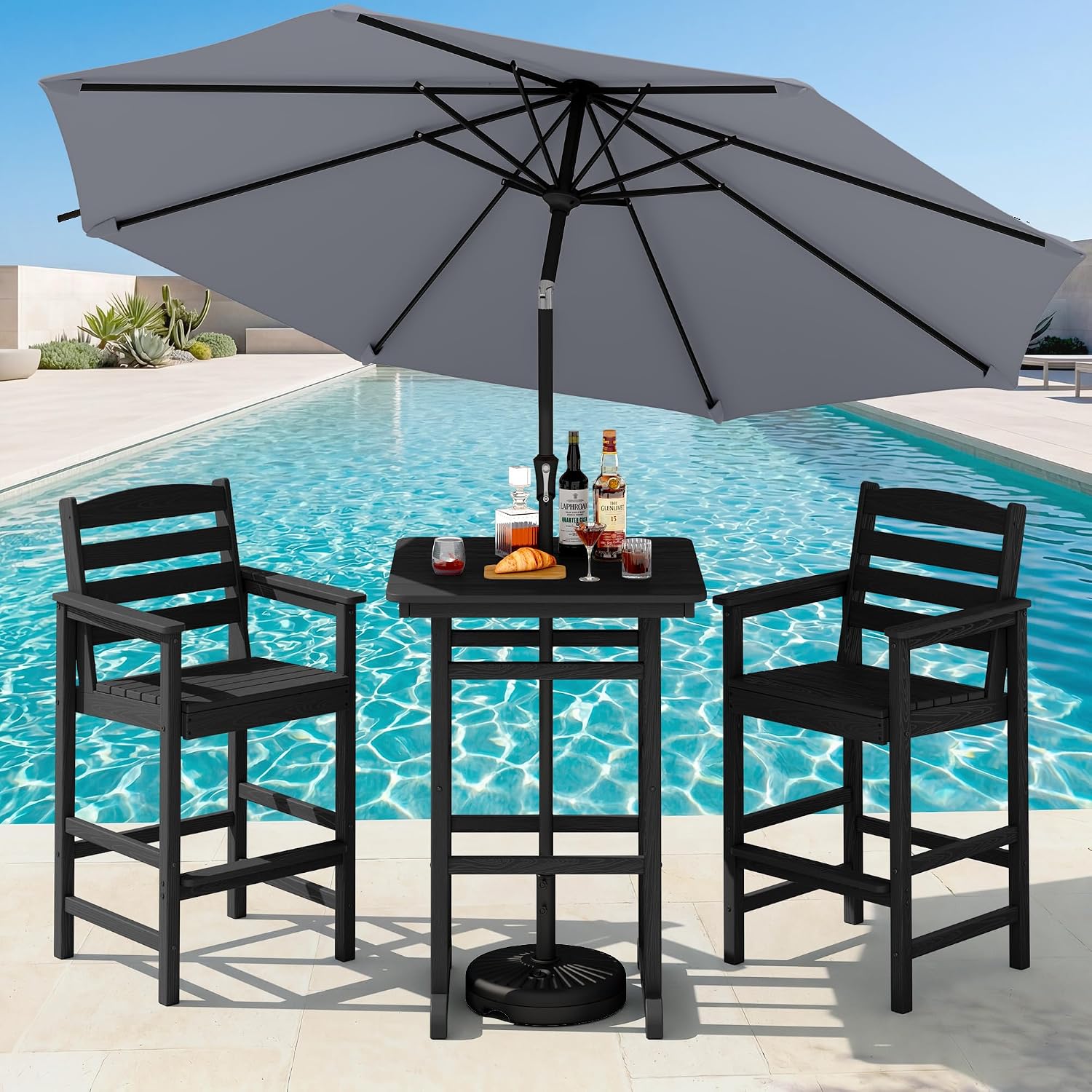 SERWALL 4 Pieces Outdoor Patio Bar Set with 9ft Umbrella, Outdoor HDPE Barstool and Table Furniture Set with Patio Umbrella, Black