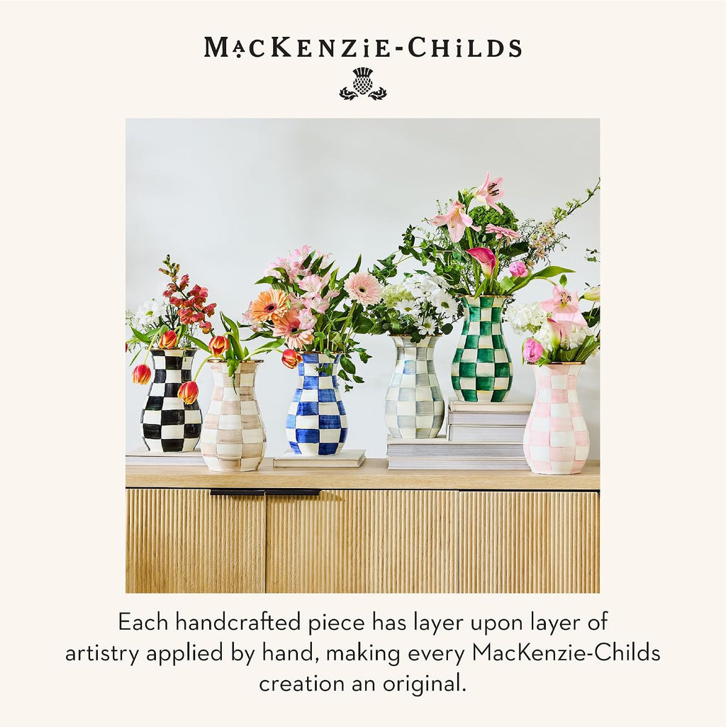 MACKENZIE-CHILDS Tall Enamel Vase, Unique Flower Vase Decor, Bouquet Holder for Living Room, Pink-and-White Rosy Check