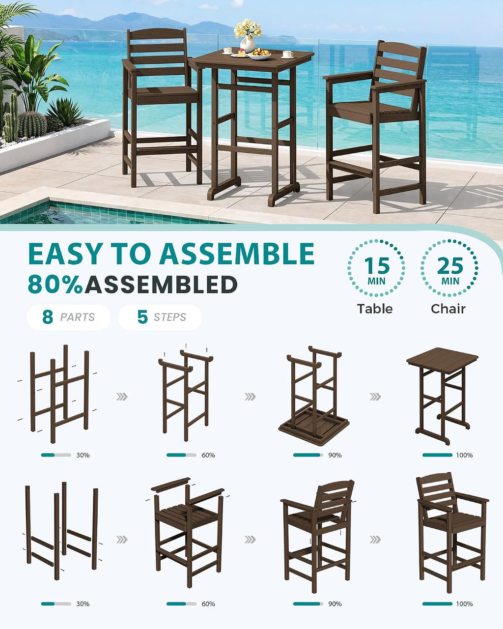 SERWALL HDPE Outdoor Patio Bar Set, Tall Adirondack Bar Chair and Table Set (Coffee, 3 pcs)