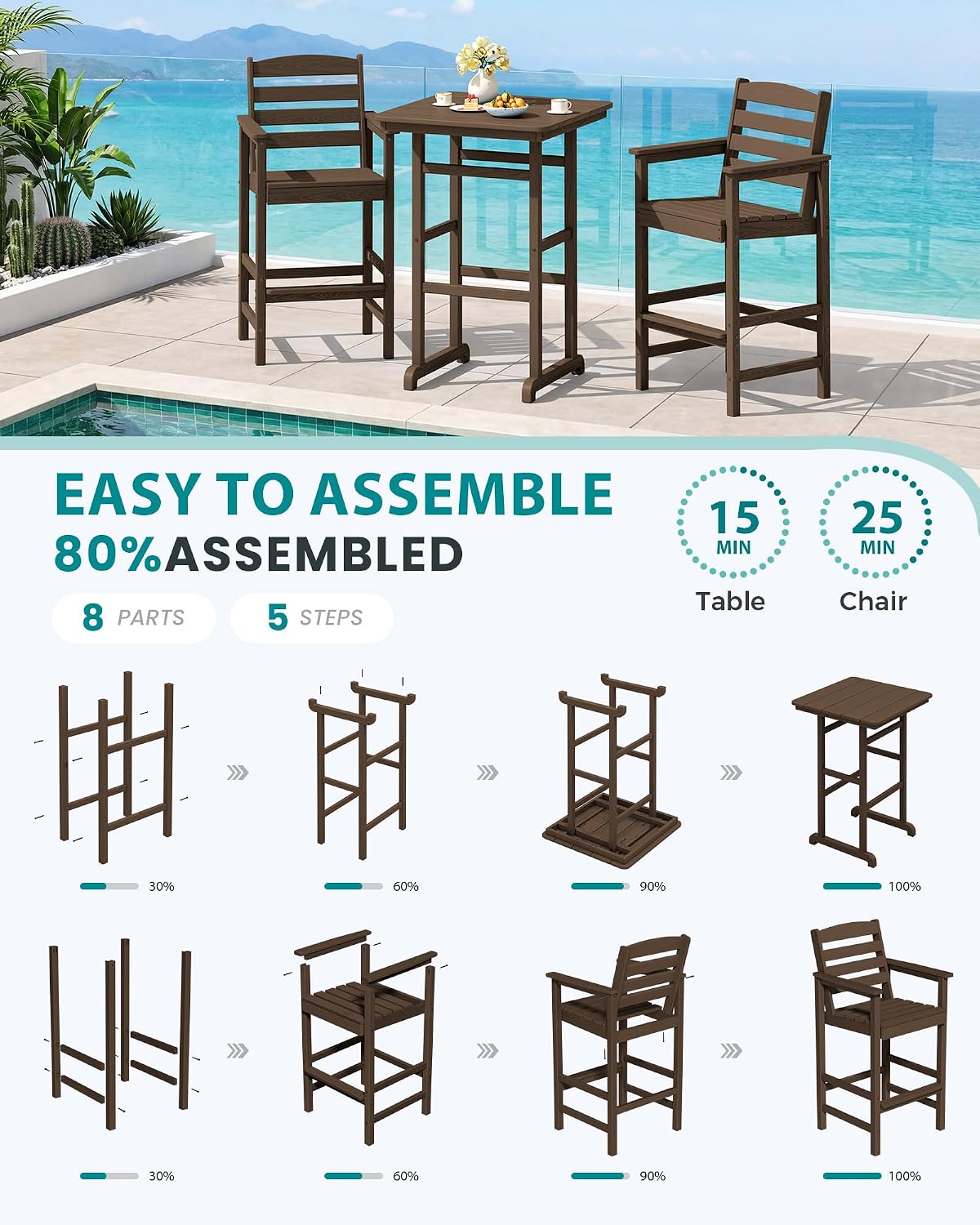 SERWALL HDPE Outdoor Patio Bar Set, Tall Adirondack Bar Chair and Table Set (Coffee, 3 pcs)