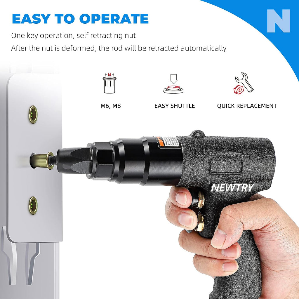 NEWTRY 1300rpm Air Rivet Nut Gun Pneumatic Riveter Riveting Tool Kit with Self-locking Head for 13/64, 5/32 Nut (6065 gun with M4, M5 head)
