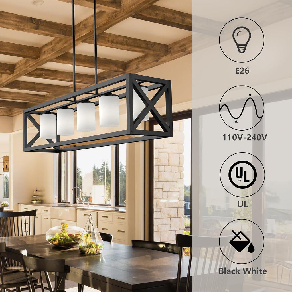 Black White Dining Room Light Fixture - 5 Light Rectangle Light Fixtures with Milk White Glass Shade & Adjustable Height & Thickened Metal Dining Table Lights Fixture Chandeliers for DiningRoom