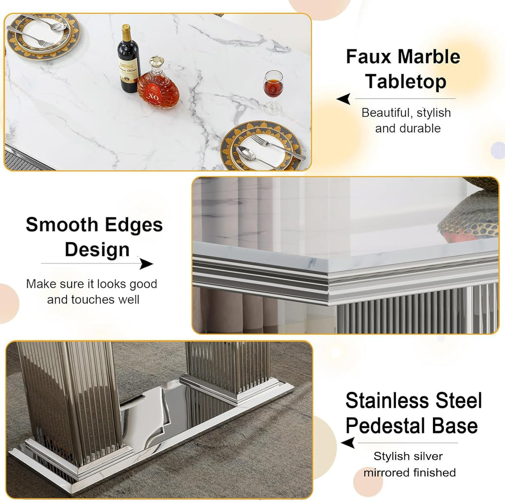 68' White Marble Dining Table for 6 to 8, Luxury Large Rectangular Faux Marble Tabletop & Silver Double Pedestal Base, Mid Century Modern Kitchen Dining Room Table for Dinner Family Gathering