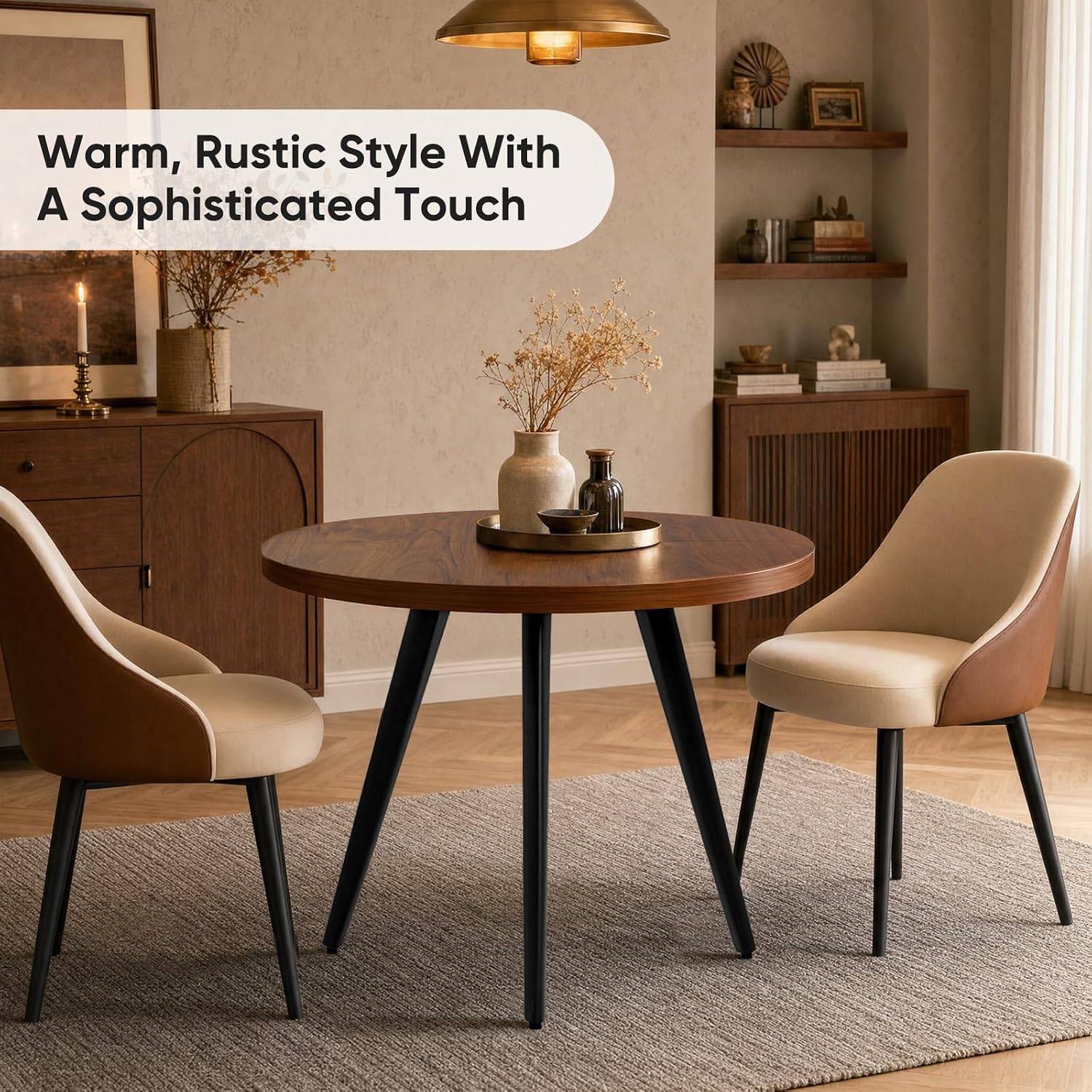 Round Dining Table, Small Dining Table for 2, 31.5' Round Table, Mid-Century Modern Kitchen Table with 1.4' Thickness Wood Grain Tabletop for or Small Space, Dining Room, Kitchen, UG Brown