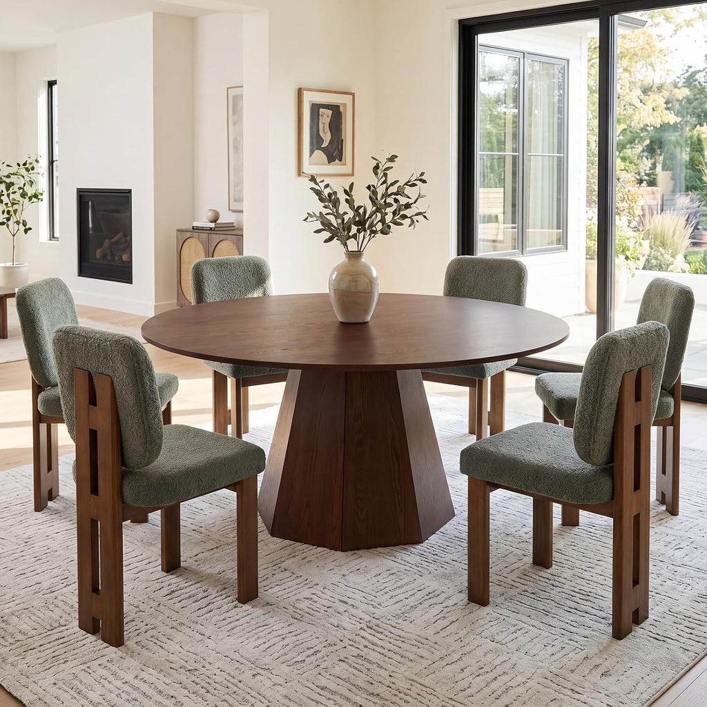 BESTANO 59' Round Dining Table for 4-6 People, Kitchen Dining Room Table with Wooden Pedestal Base, Circle Dinner Pedestal Dining Table for Dining Room (Table Only), Walnut