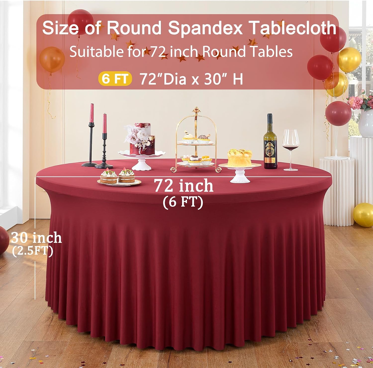 8 Pack Burgundy Round Spandex Tablecloth for 72 inch Table, Stretchy 132inch Fitted 6FT Round Table Cloths Maroon, Wrinkle Free Table Cover with Skirt for Wedding Birthday Christmas Party Banquet