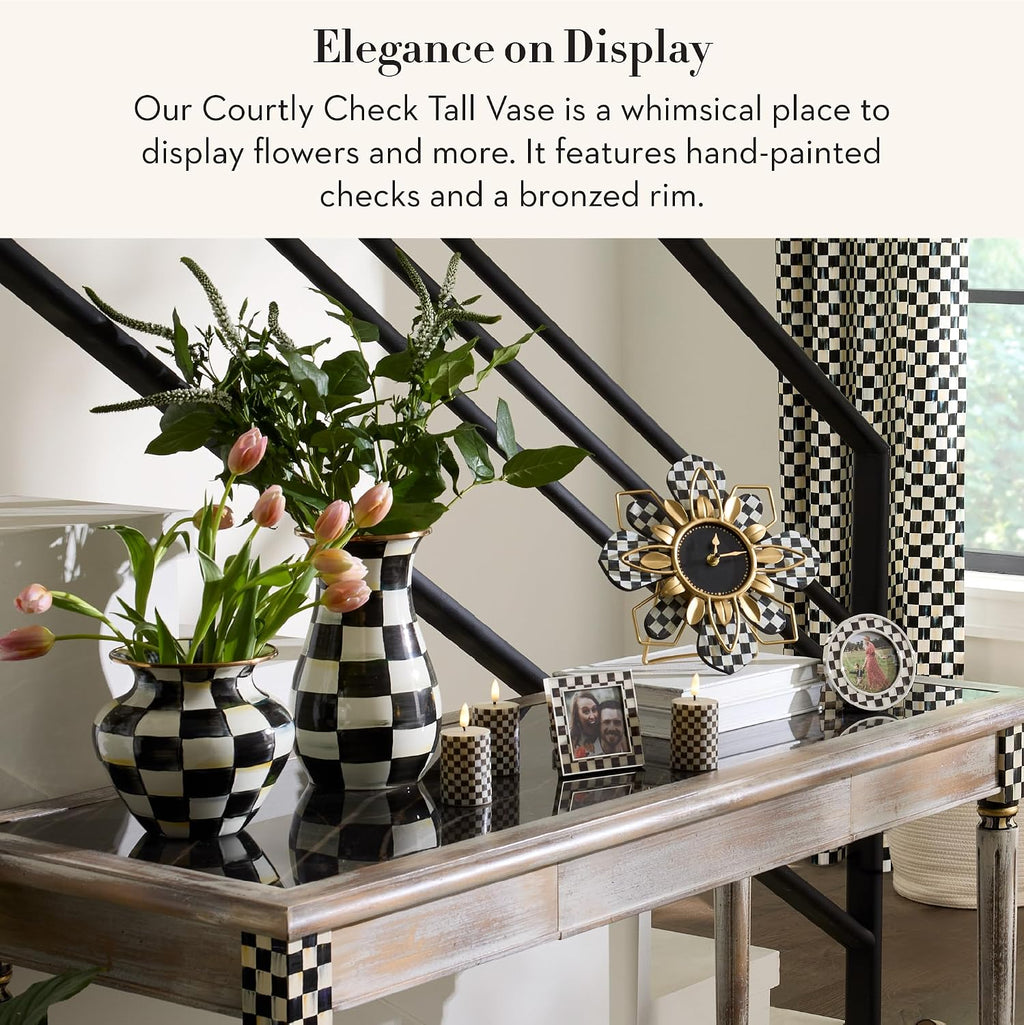 MACKENZIE-CHILDS Tall Enamel Vase, Unique Flower Vase, Decorative Table Decor for Living Room, Black-and-White Courtly Check