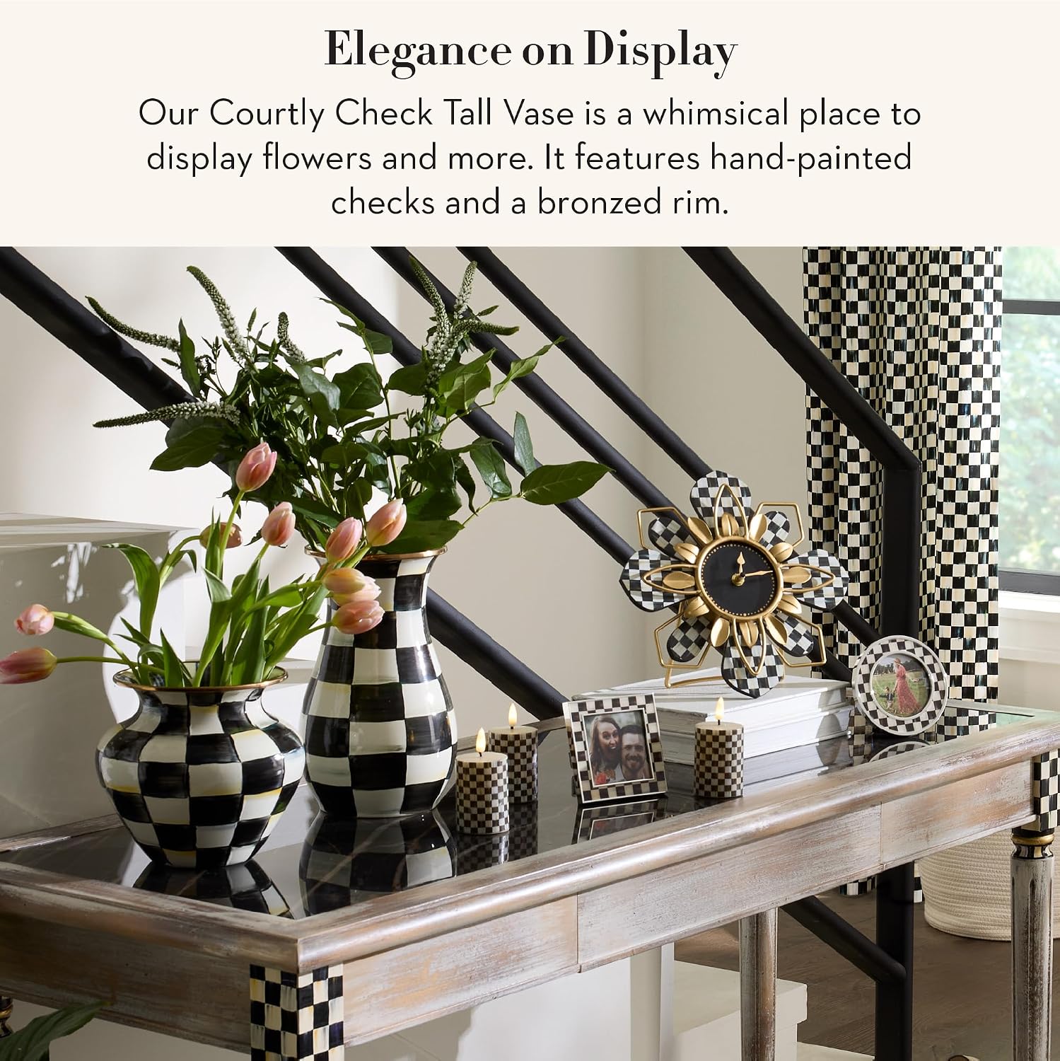 MACKENZIE-CHILDS Tall Enamel Vase, Unique Flower Vase, Decorative Table Decor for Living Room, Black-and-White Courtly Check