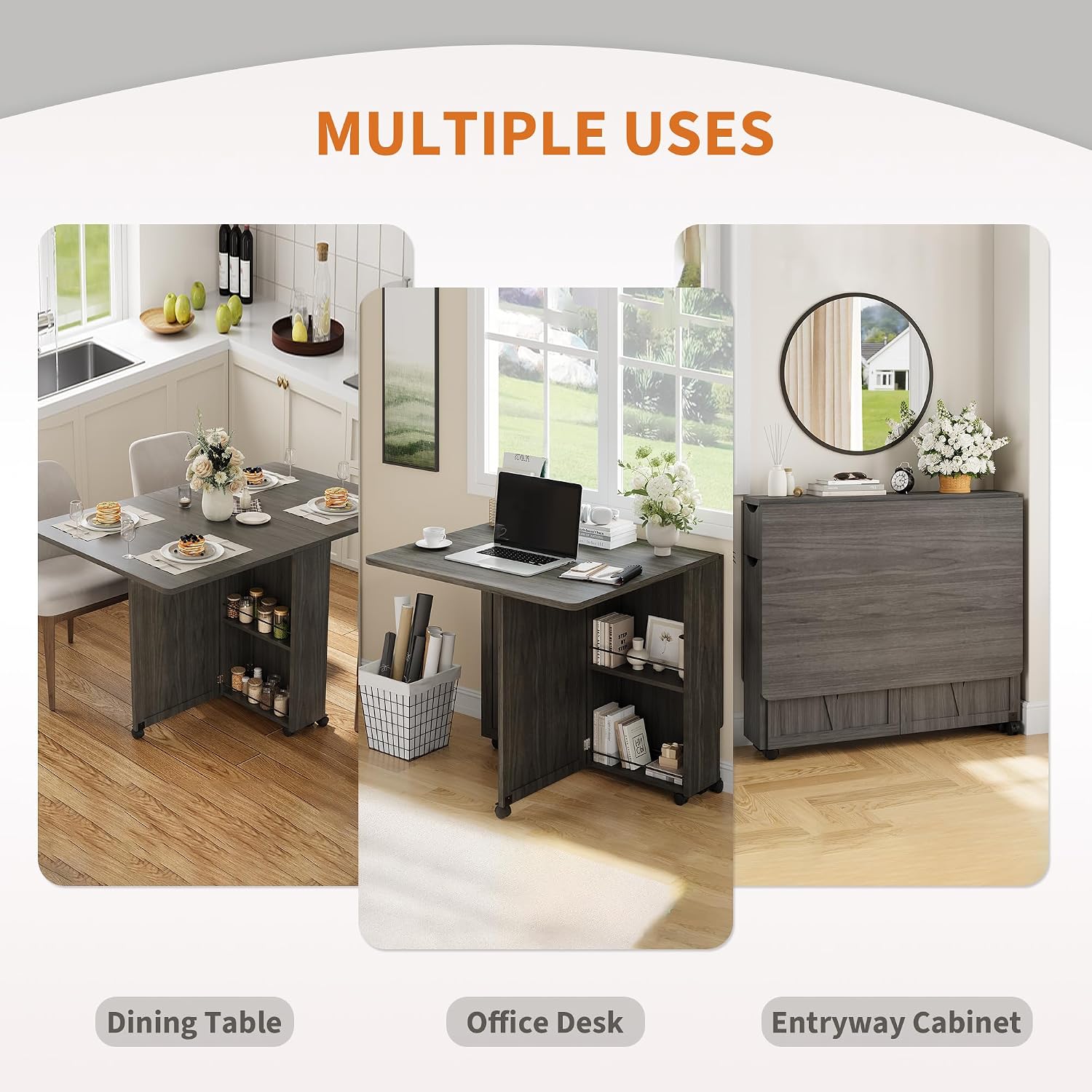 Garvee Folding Dining Table with Storage, Folding Kitchen Table with 6 Wheels, Drawer & Shelves, Compact Dining Table for Small Spaces