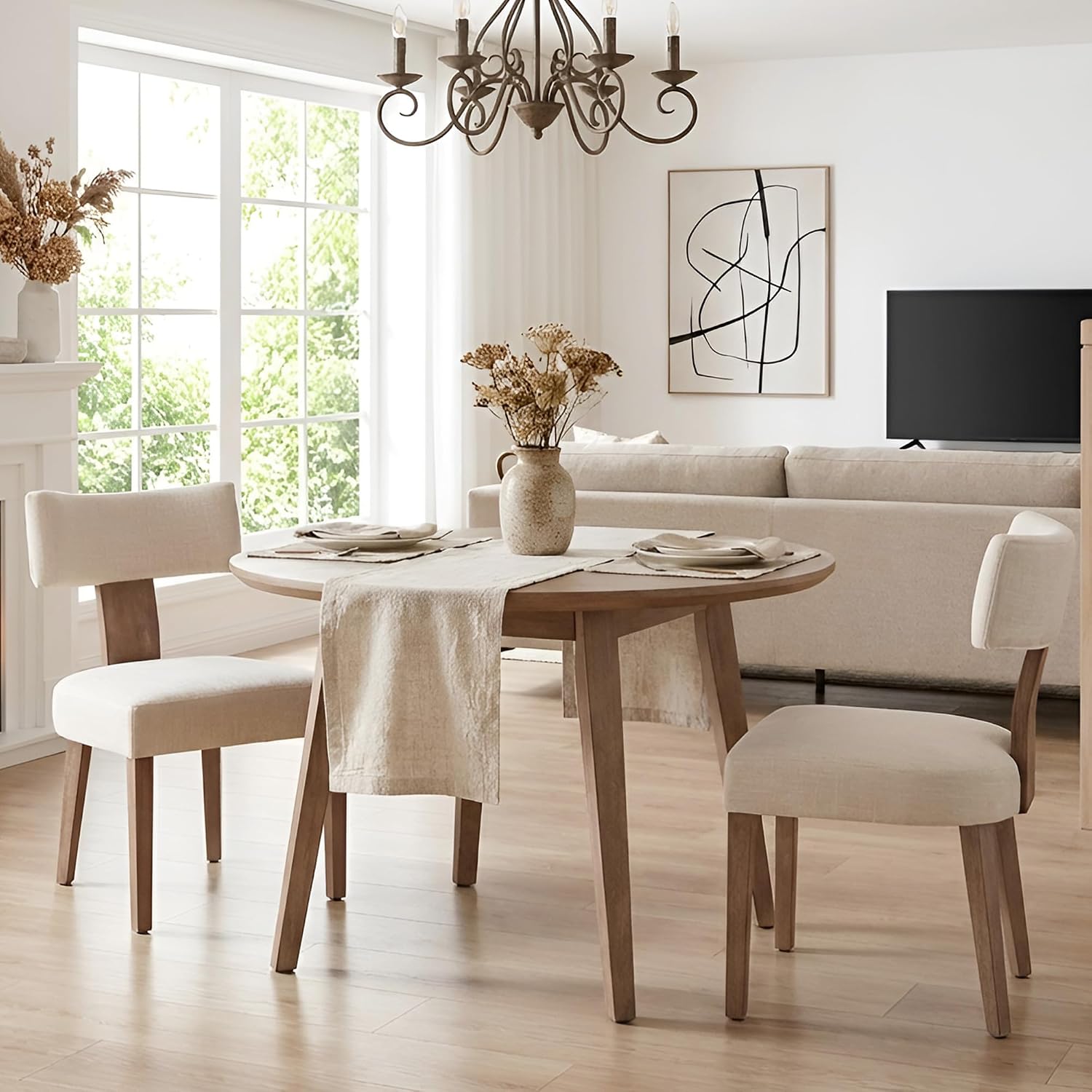 HNY Mid Century Modern Dining Chairs, Linen Fabric Upholstered and Curved Backrest Kitchen Chairs Set of 2, with Hardwood Frame, Beige