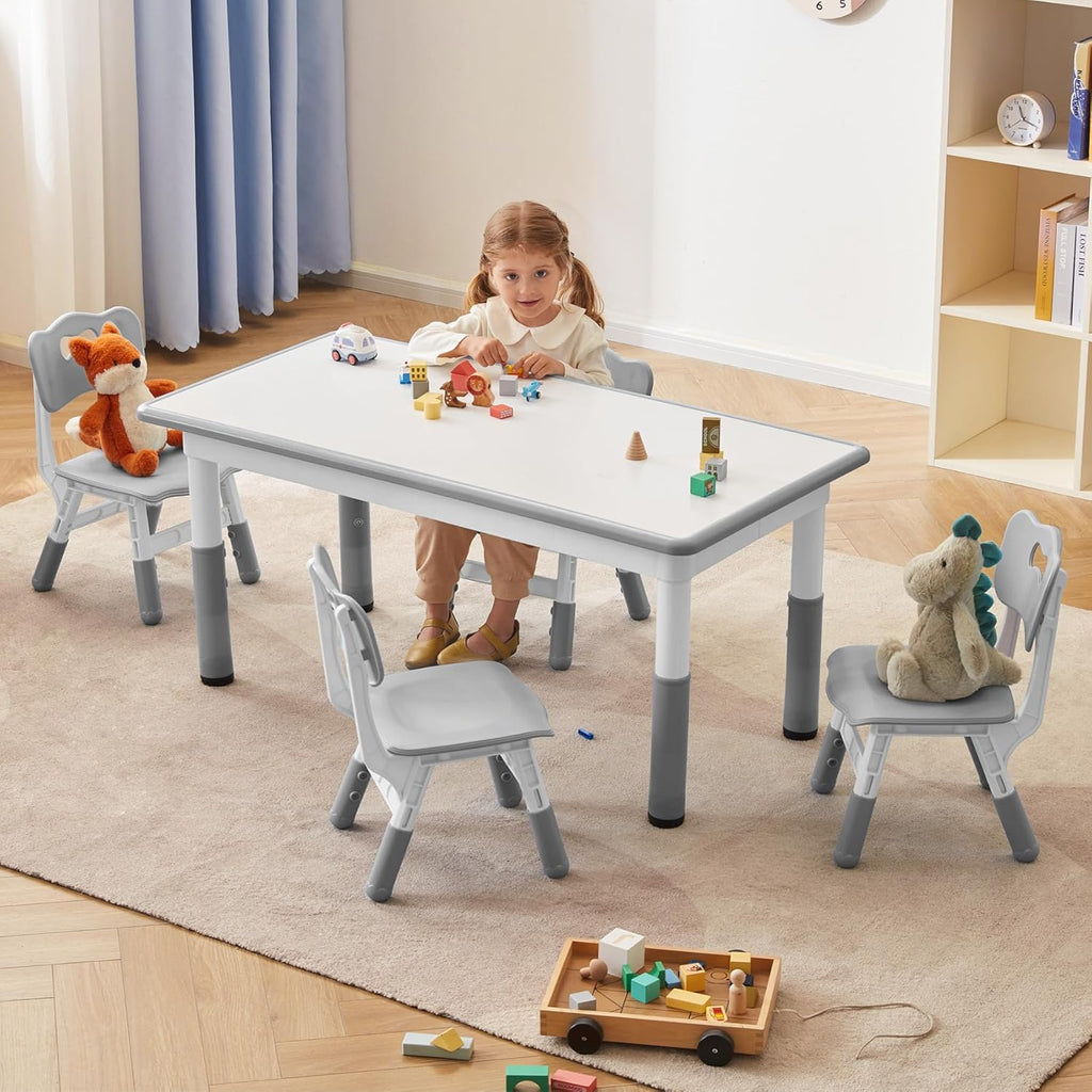 GITAWUSA Kids Study Table and Chairs Set, Height Adjustable Toddler Table and Chair Set for Kids Ages 3-8, Graffiti Desktop (Grey)