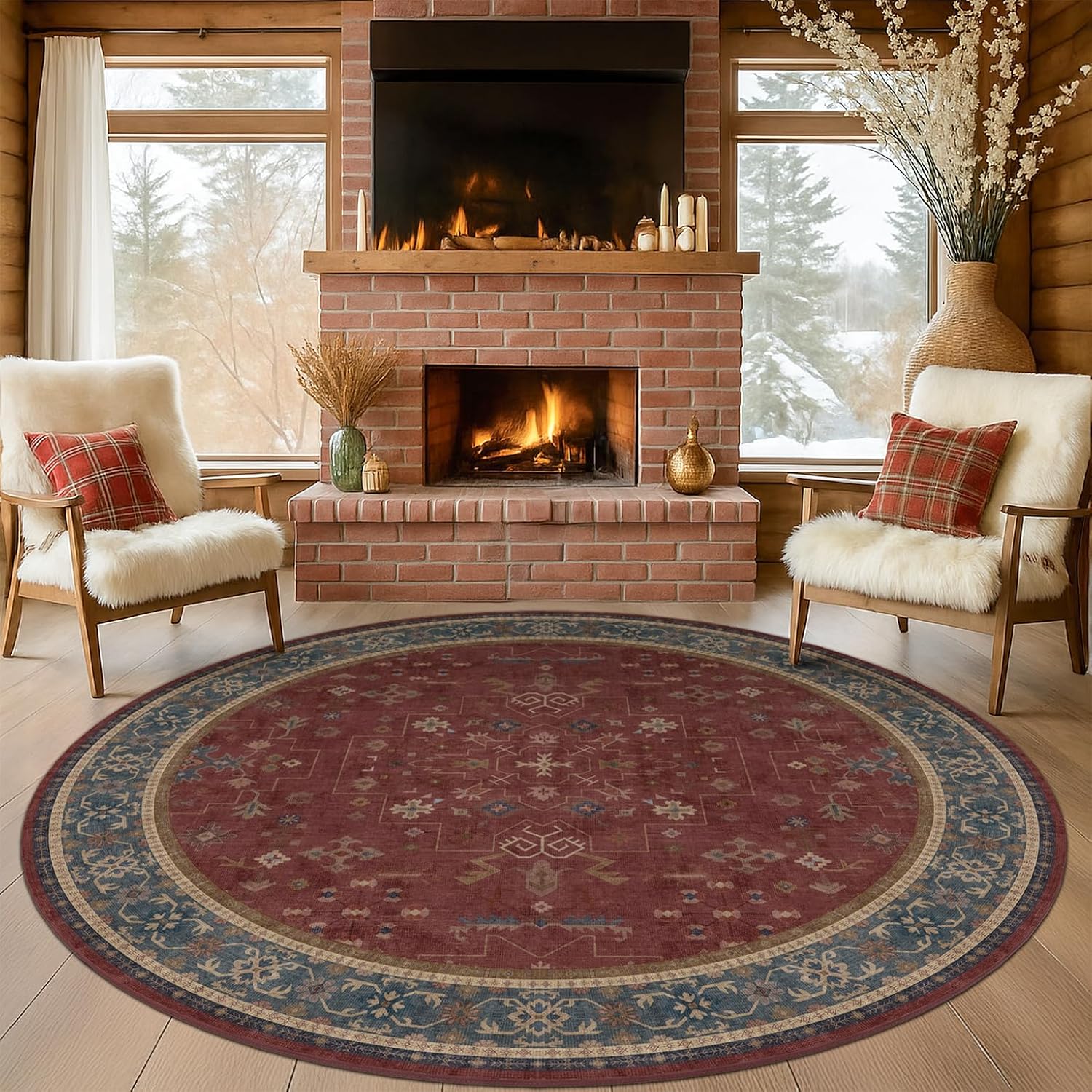 8ft Burgundy Round Rug for Living Room, Untra Large Vintage Washable Soft Area Rug for Dining Room, Bedroom Under Bed, Non Slip Low Pile Stain & Fade Resistant, Boho Geometric Floral Décor Indoor