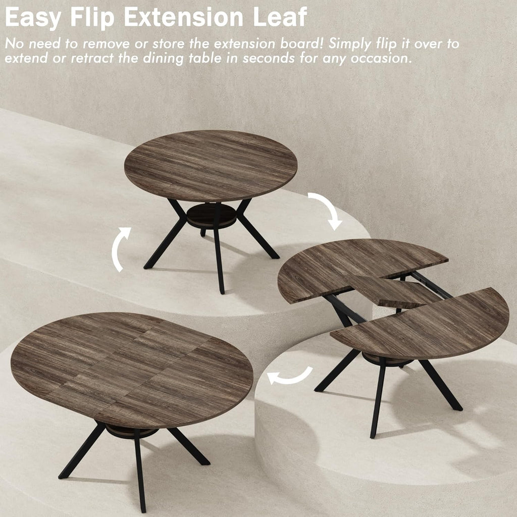 42'-58' Extendable Round Dining Table for 4-6, Kitchen Oval Table with Hidden Leaves & Storage Shelf, Space Saving Modern Design with Sturdy Metal Legs for Kitchen, Dining Room & Small Apartments