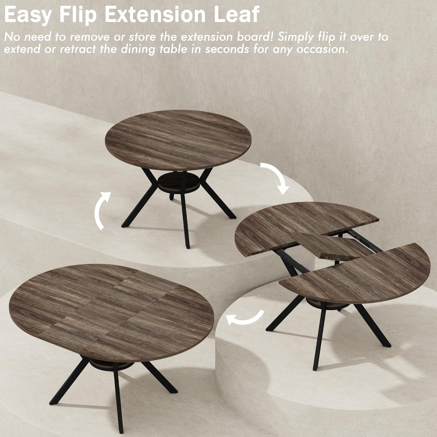 42'-58' Extendable Round Dining Table for 4-6, Kitchen Oval Table with Hidden Leaves & Storage Shelf, Space Saving Modern Design with Sturdy Metal Legs for Kitchen, Dining Room & Small Apartments
